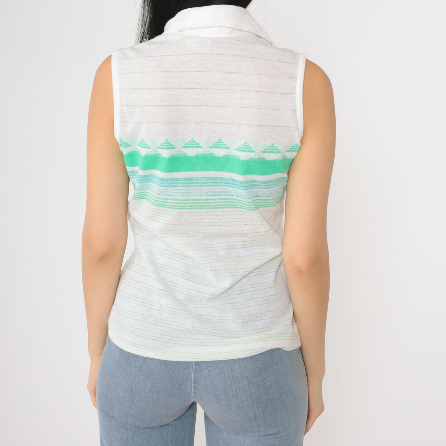 70s Jantzen Striped V-Neck Tank Top White Green Geometric Small