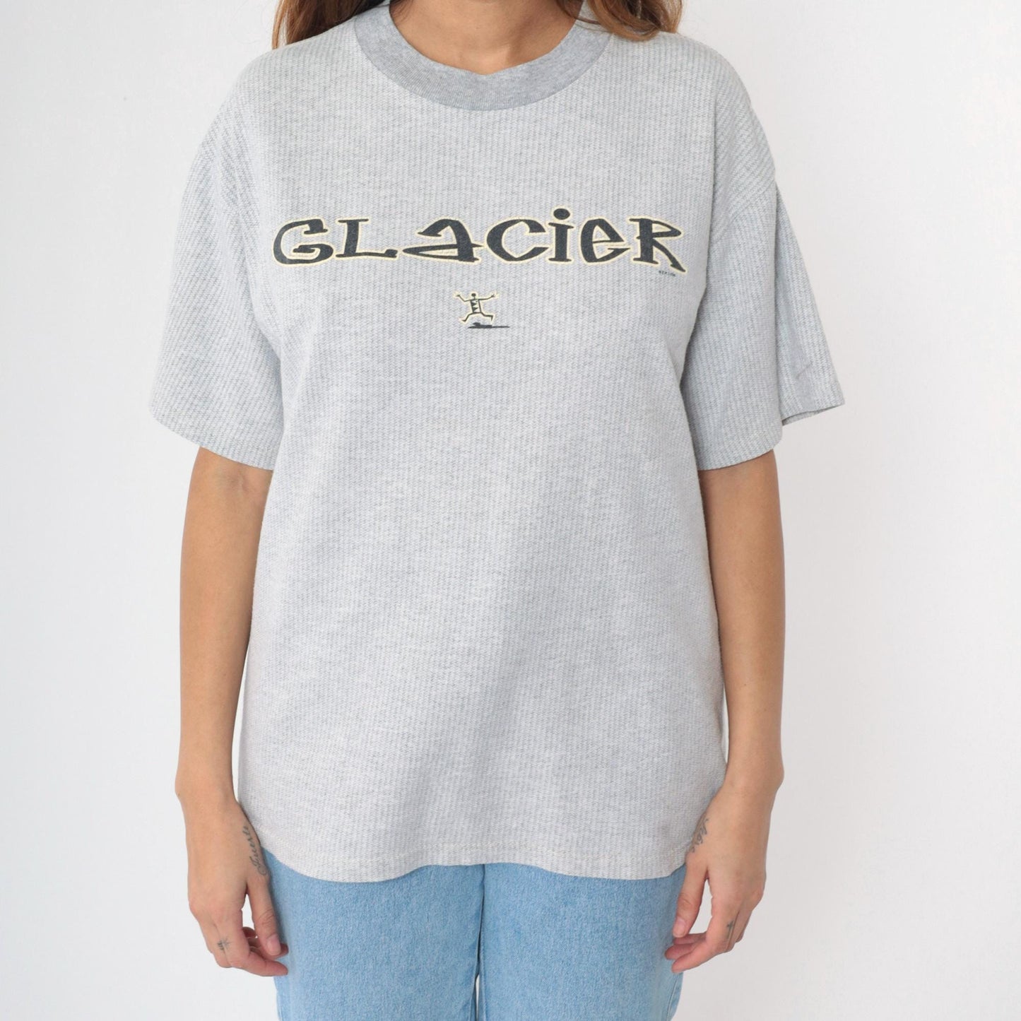 90s Glacier National Park Graphic T-Shirt Grey Stick Figure Crewneck Large L
