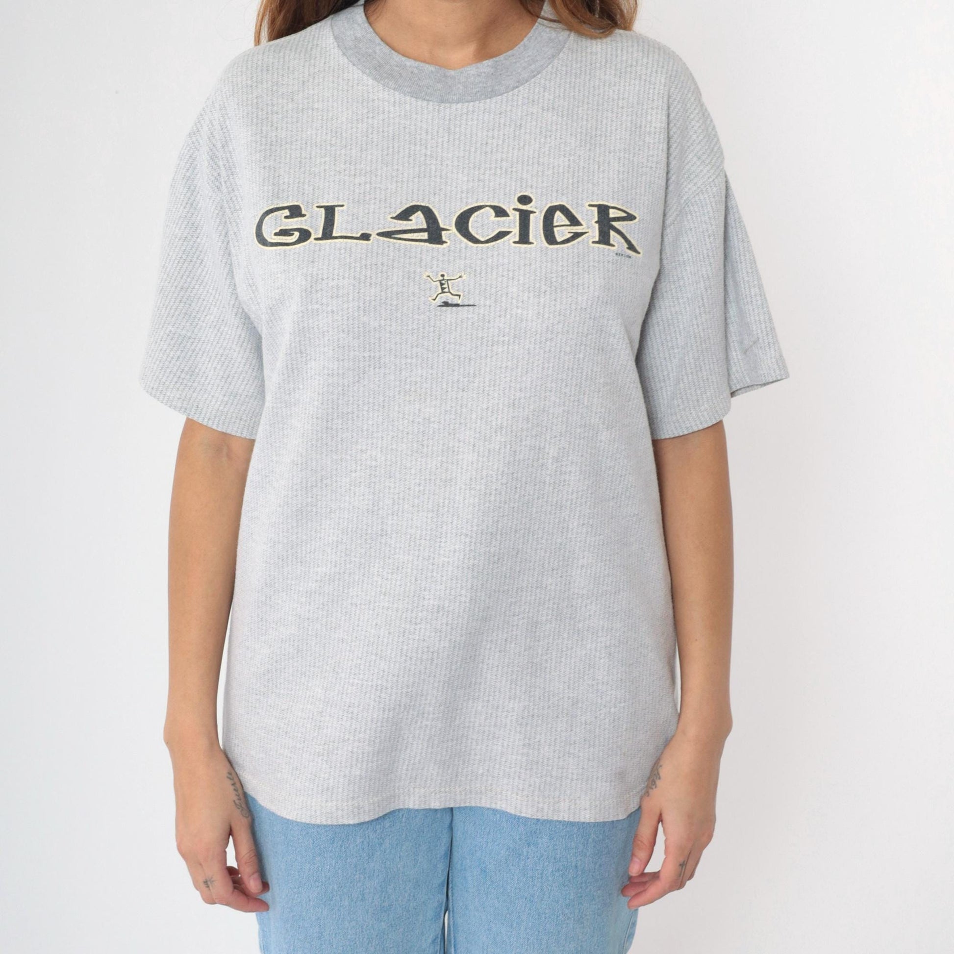 90s Glacier National Park Graphic T-Shirt Grey Stick Figure Crewneck Large L