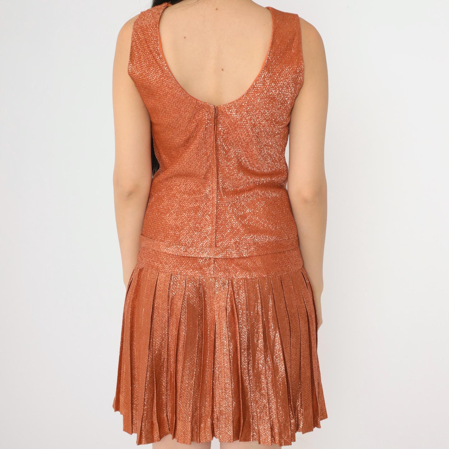 60s Metallic Orange Mini Party Dress Rhinestone Drop Waist Sleeveless XS