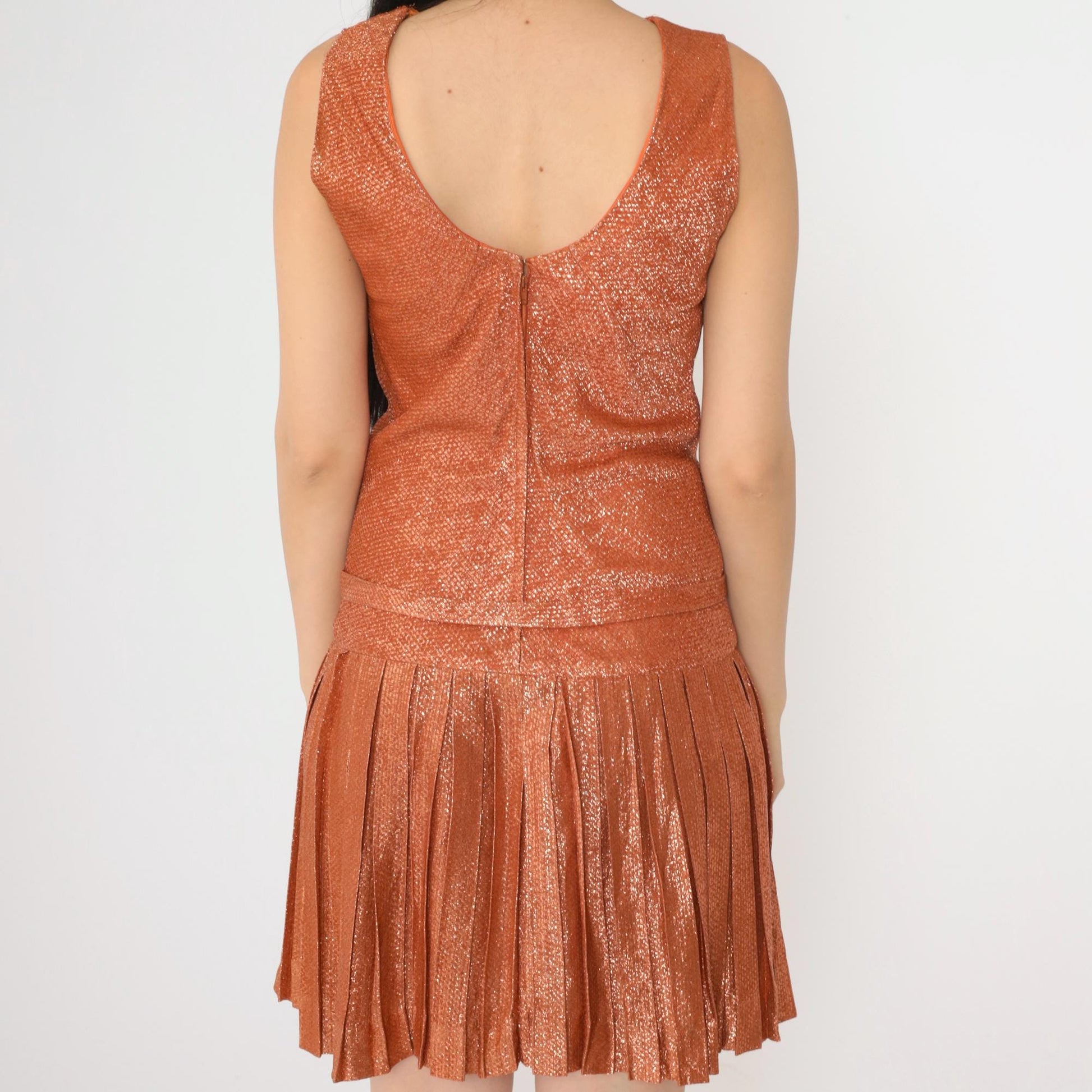 60s Metallic Orange Mini Party Dress Rhinestone Drop Waist Sleeveless XS