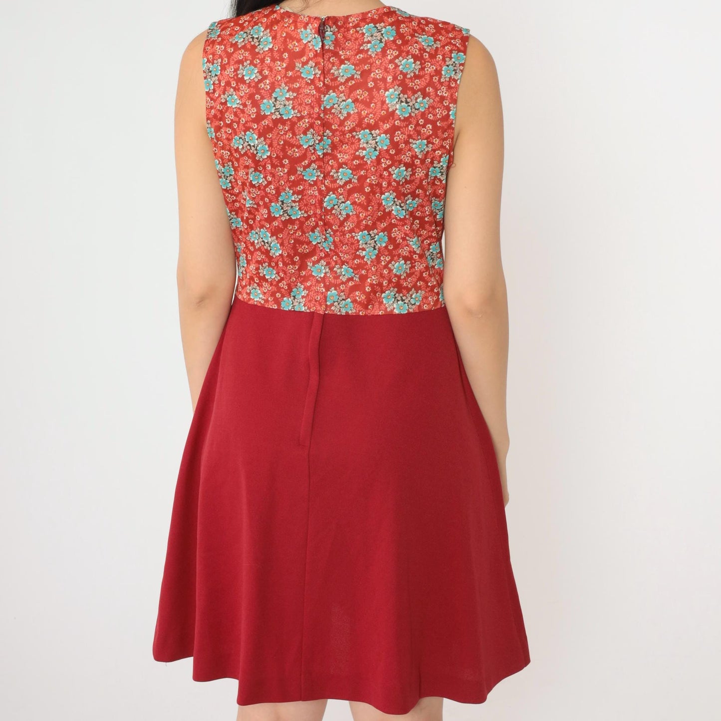 1960s Red Floral Mini Dress Sleeveless High Waist Fit Flare Small