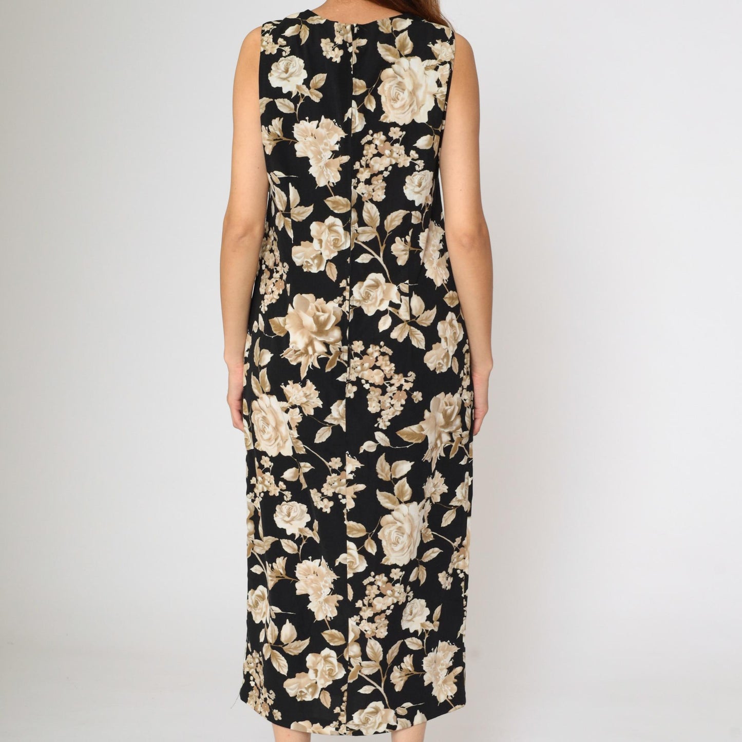 90s R & K Originals Black Floral Rose Midi Dress Sleeveless High Neck Medium 10