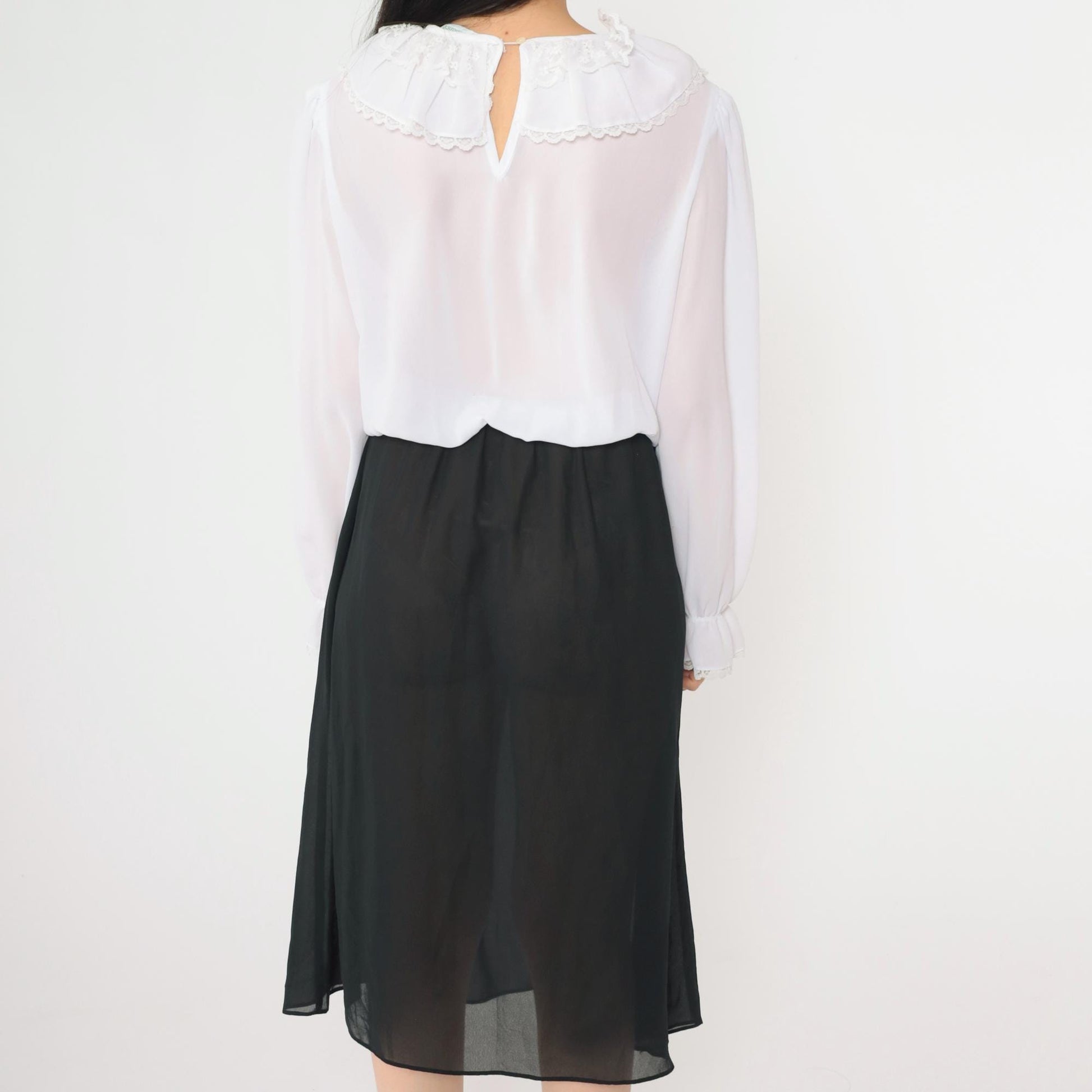 80s Susan Hlavacek Ruffled Collar Midi Dress Black White Semi-Sheer Small Medium