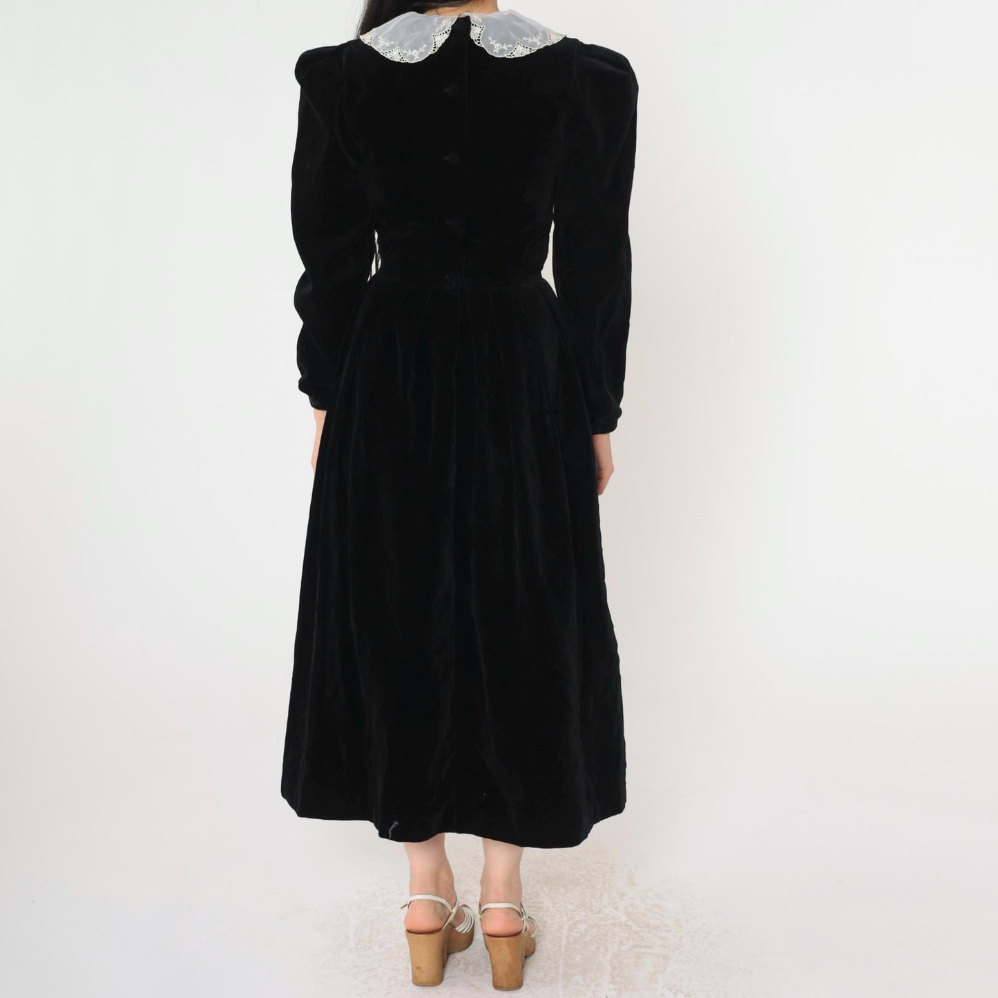 80s Laura Ashley Mother and Child Black Velvet Midi Dress White Lace Collar Extra Small