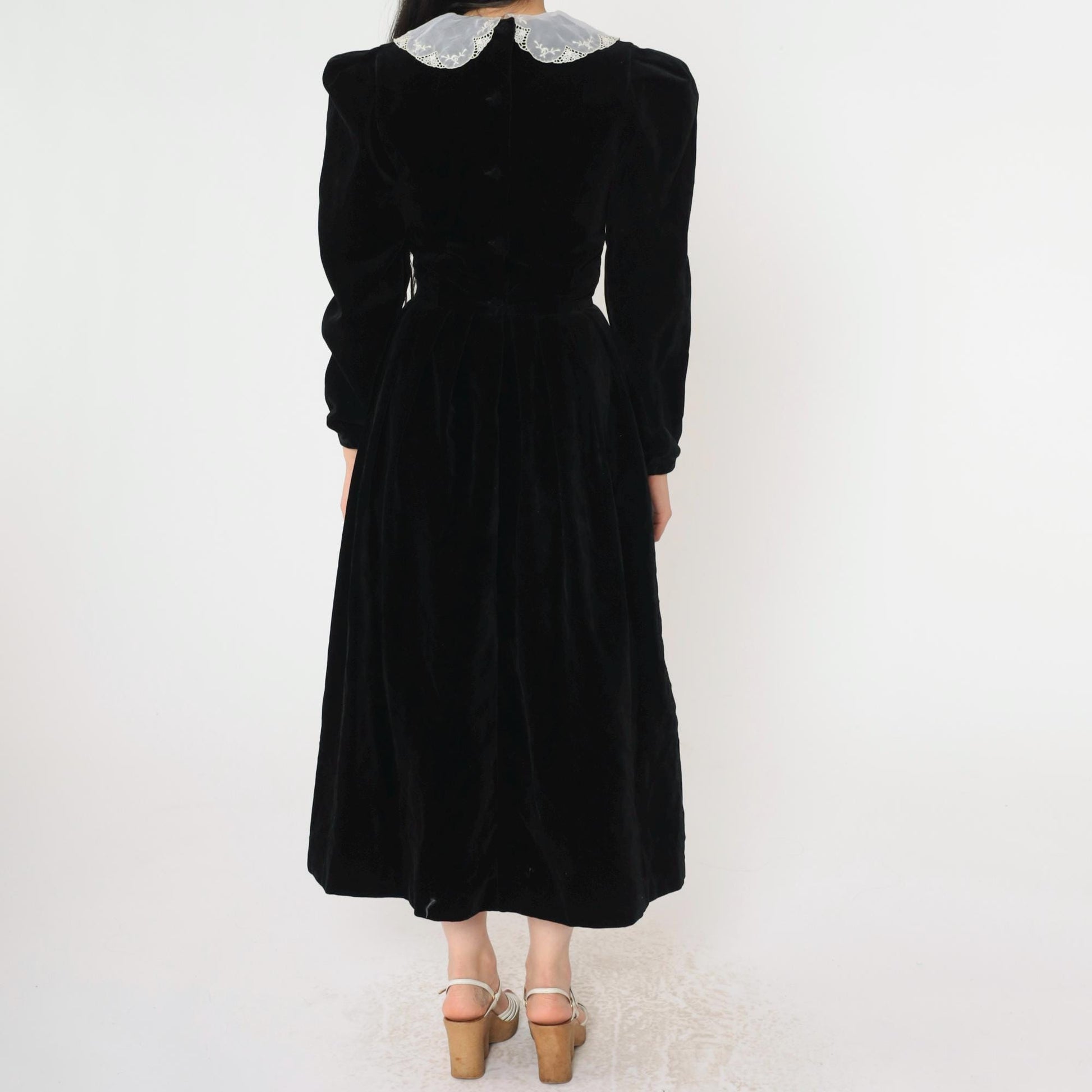 80s Laura Ashley Mother and Child Black Velvet Midi Dress White Lace Collar Extra Small