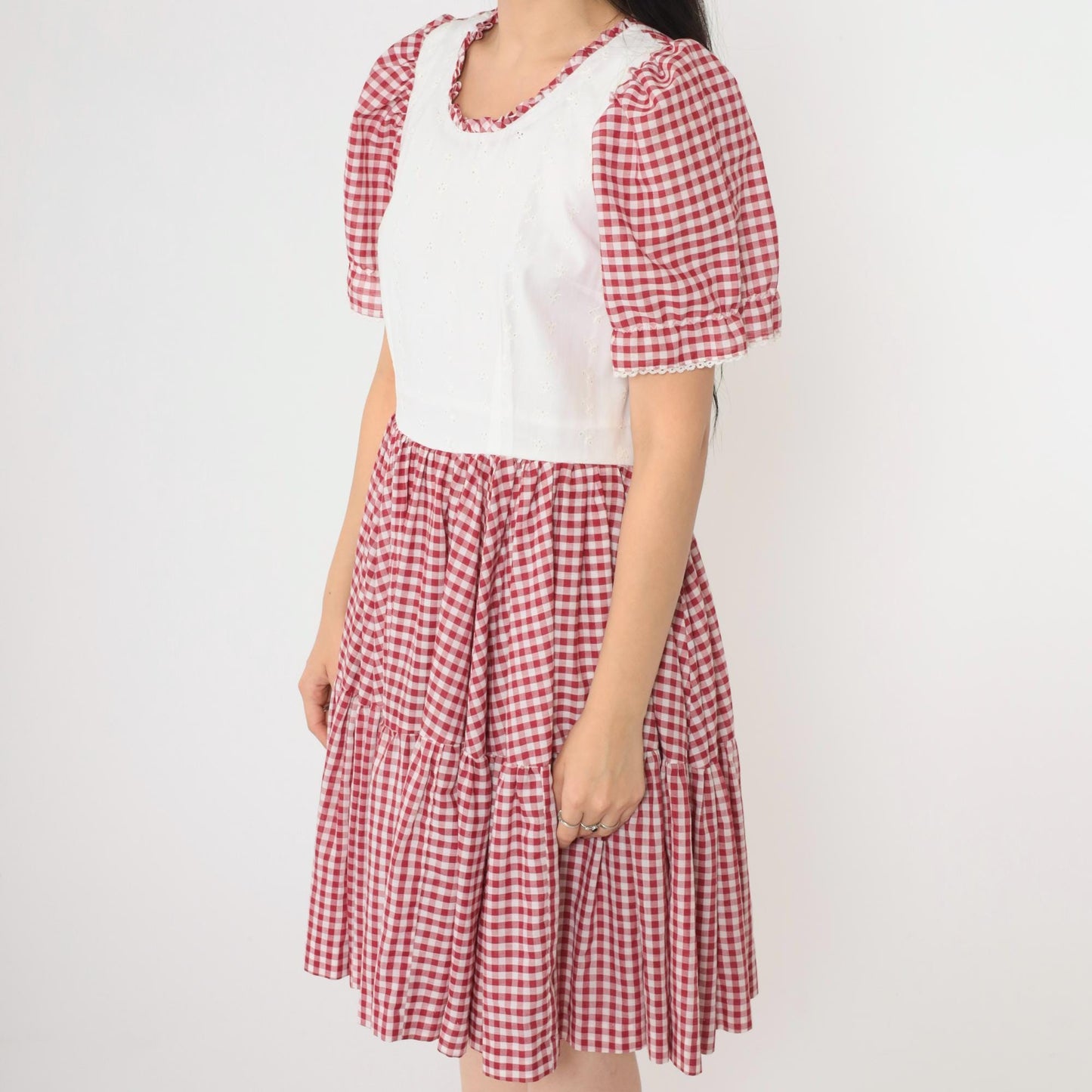 70s Red Gingham Prairie Dress Puff Sleeve Eyelet Lace High Waist Small Medium
