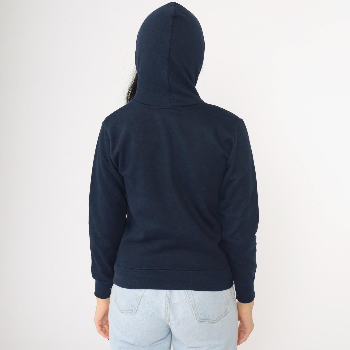 80s Navy Hoodie Sweatshirt Kangaroo Pocket Drawstring Extra Small
