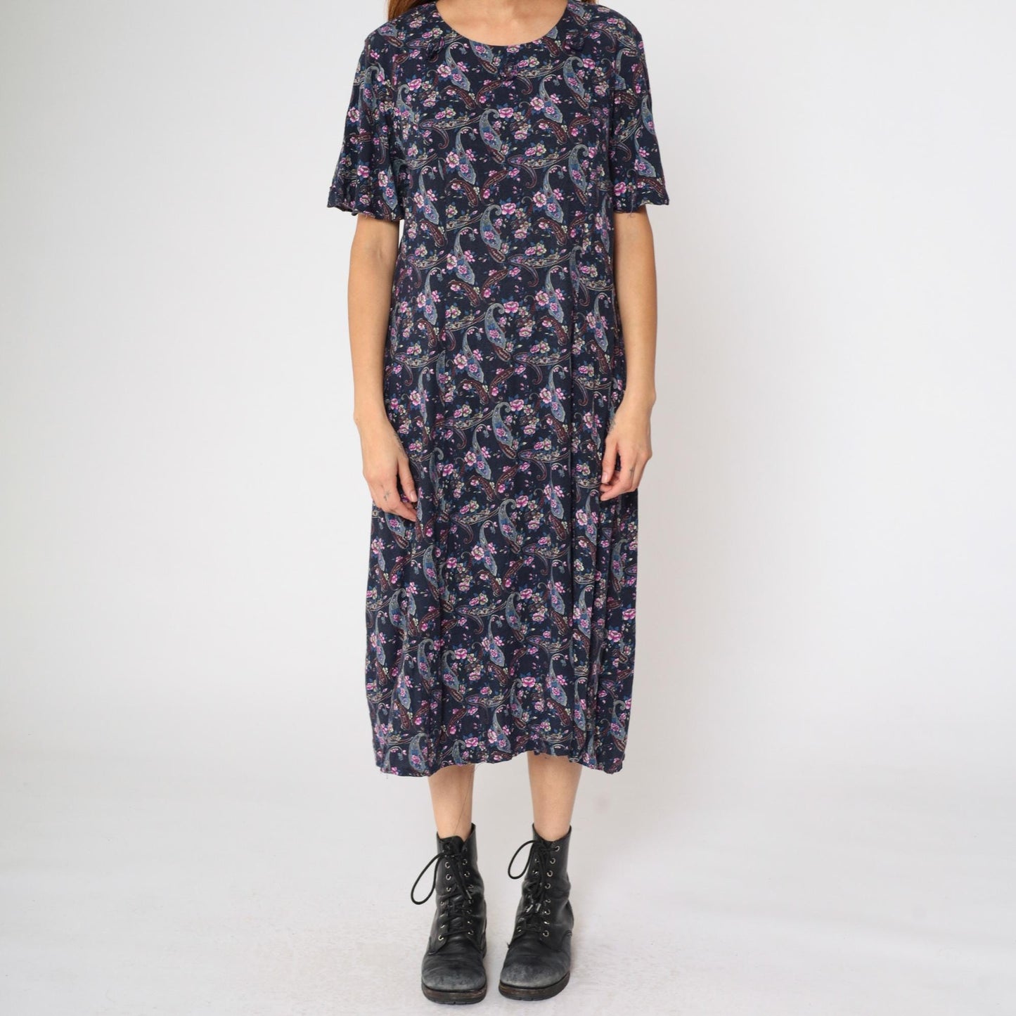 90s Kathie Lee Paisley Floral Midi Dress Dark Blue Rayon Princess Seam Medium Large