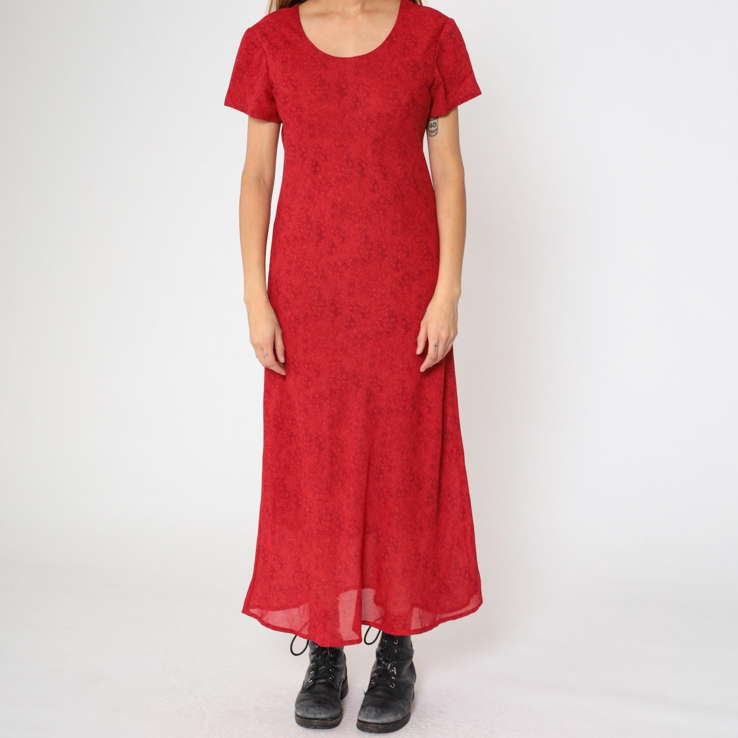 90s Jessica Howard Red Floral Maxi Dress Shift Scoop Neck Short Sleeve Large