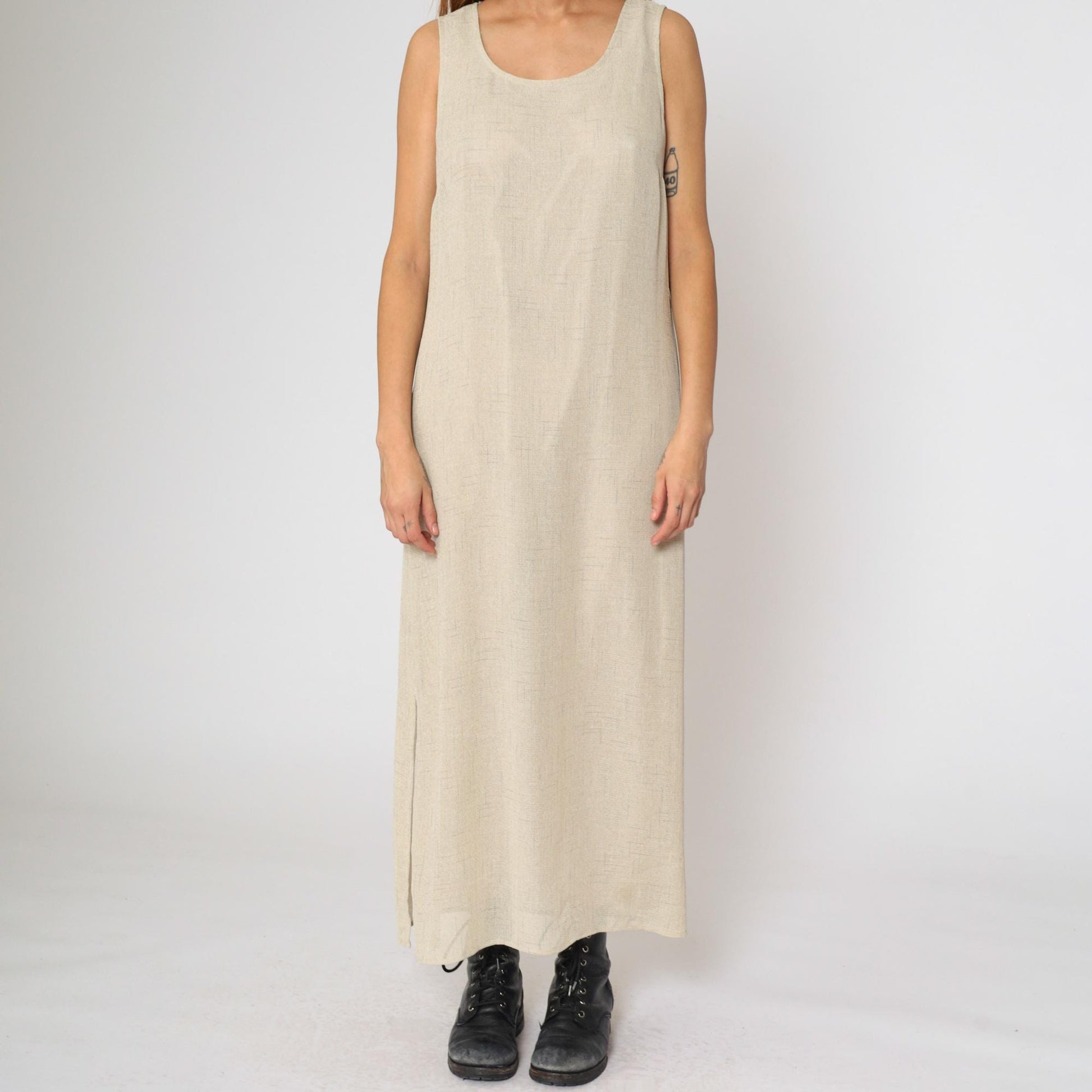 90s Dressbarn Beige Maxi Dress Sleeveless Scoop Neck Side Slit Large