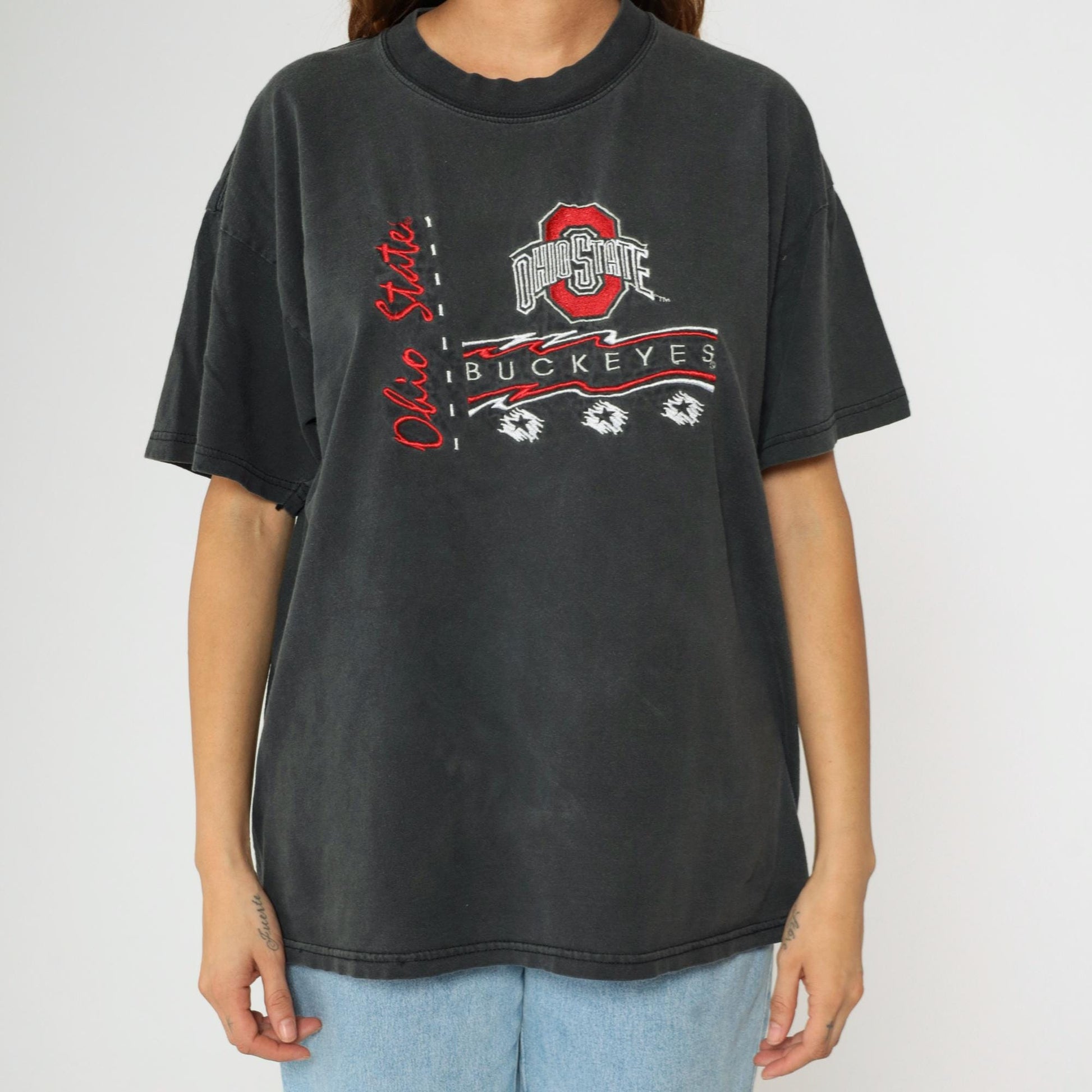 90s Ohio State Buckeyes Embroidered T-Shirt Faded Black Cotton Extra Large XL
