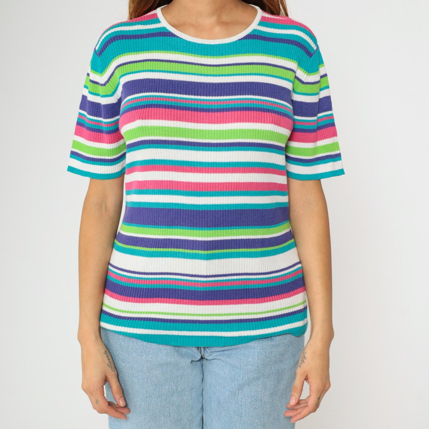 90s Worthington Striped Ribbed Knit Top Short Sleeve Pink Purple Blue Large L