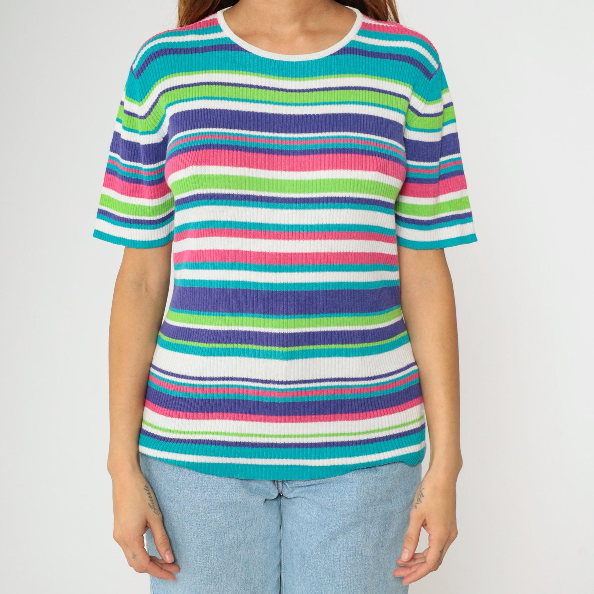 90s Worthington Striped Ribbed Knit Top Short Sleeve Pink Purple Blue Large L