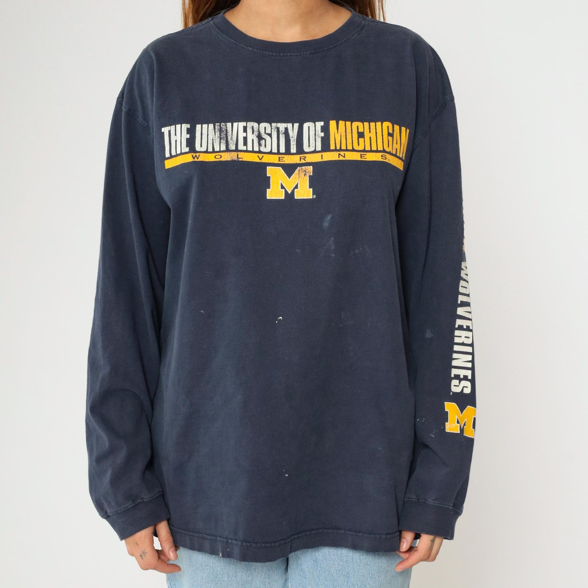 Y2K Michigan Wolverines Graphic Long Sleeve Tee Navy Paint Splatter Large