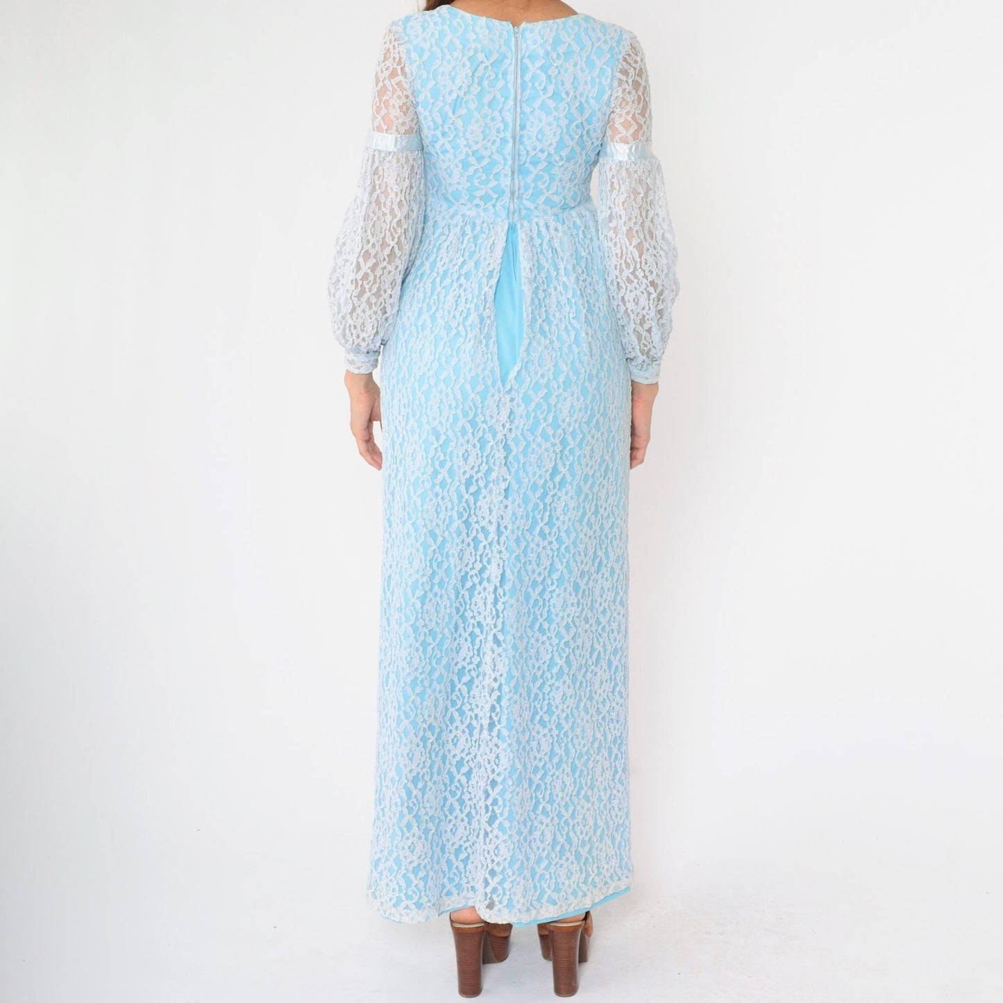 60s Light Blue Lace Maxi Dress Empire Waist Bishop Sleeve XS