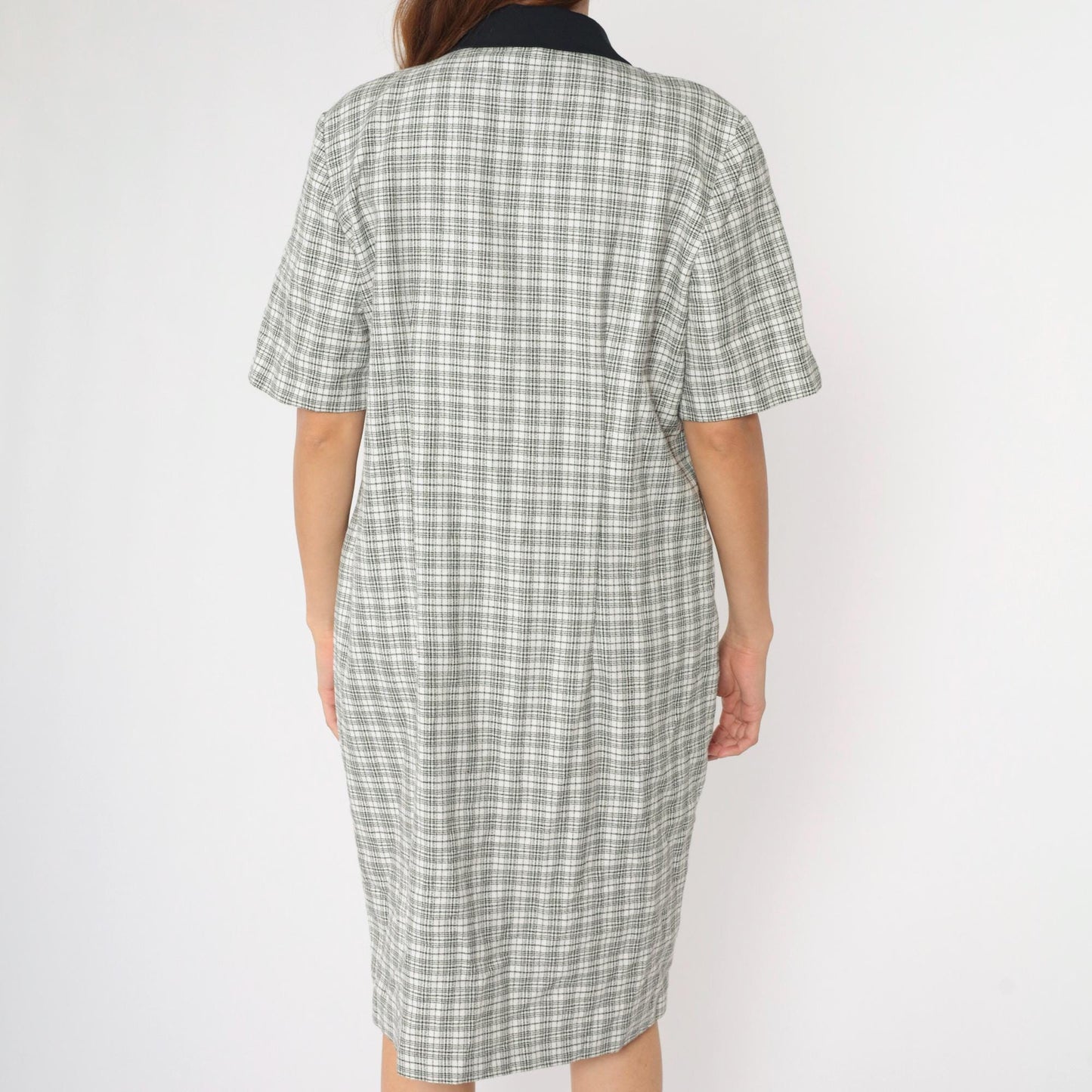 90s Black White Checkered Midi Dress Button Up Short Sleeve Extra Large XL