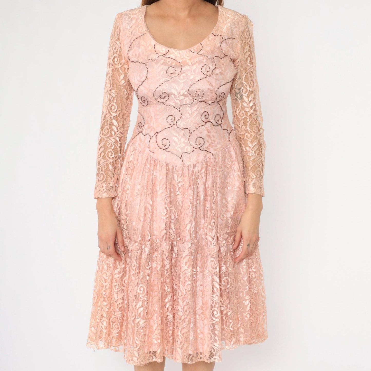 1960s Pink Lace Midi Dress Beaded Floral Scoop Neck Drop Waist Medium