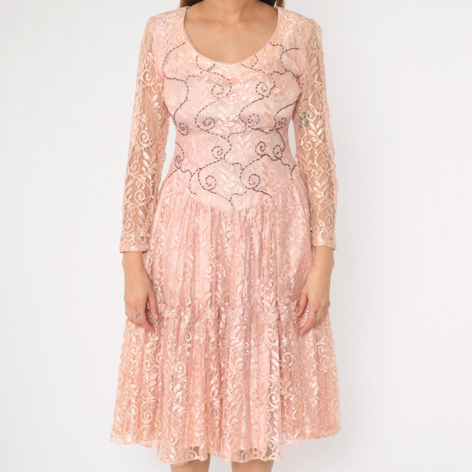 1960s Pink Lace Midi Dress Beaded Floral Scoop Neck Drop Waist Medium