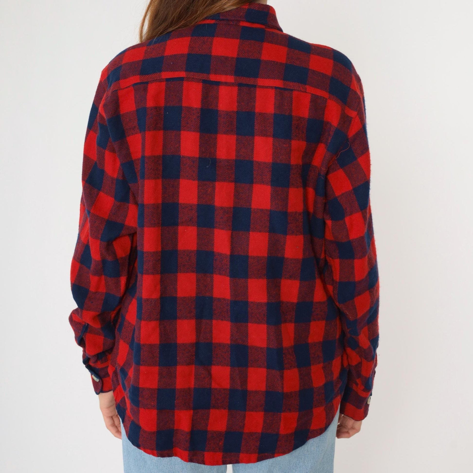 80s Buffalo Plaid Flannel Shirt Navy Red Men's Large Button Up Long Sleeve