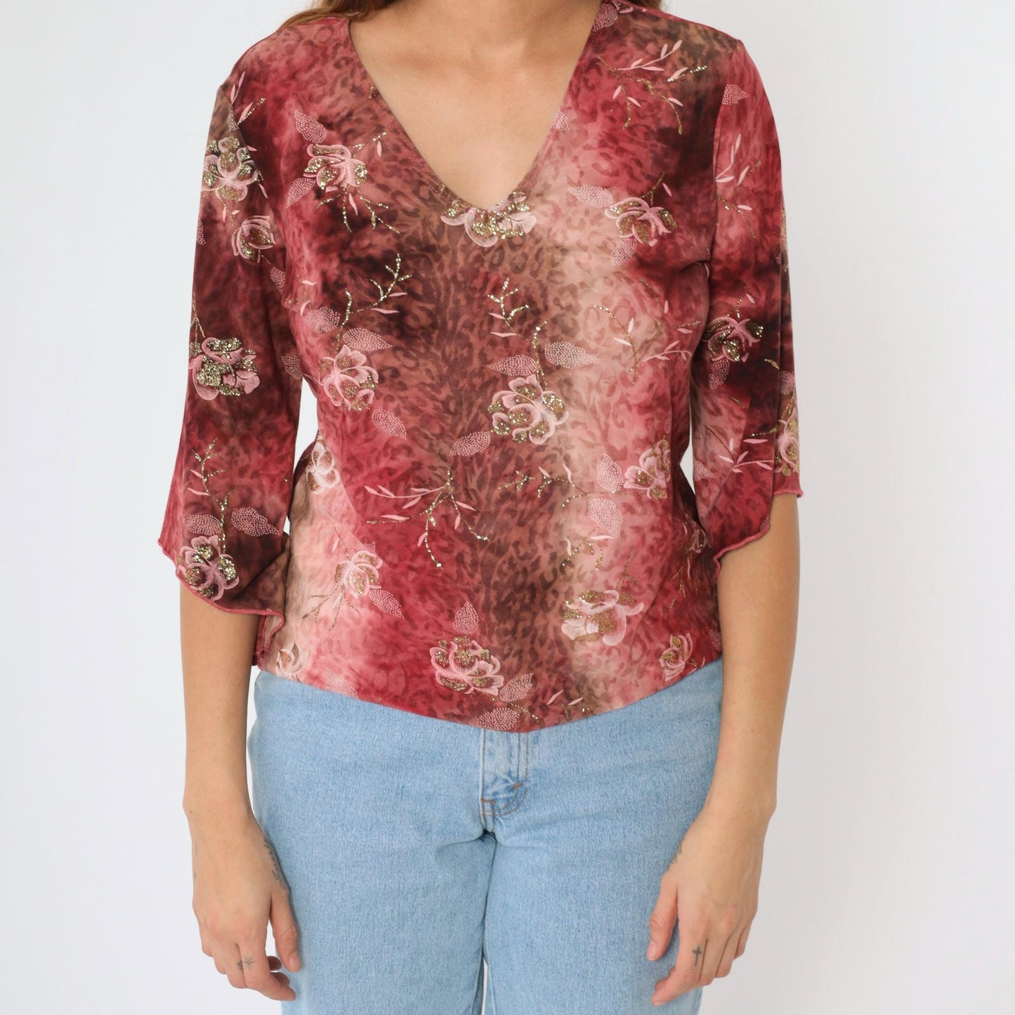Y2K Bell Sleeve Blouse Floral Metallic Leopard Print Pink Brown Medium M