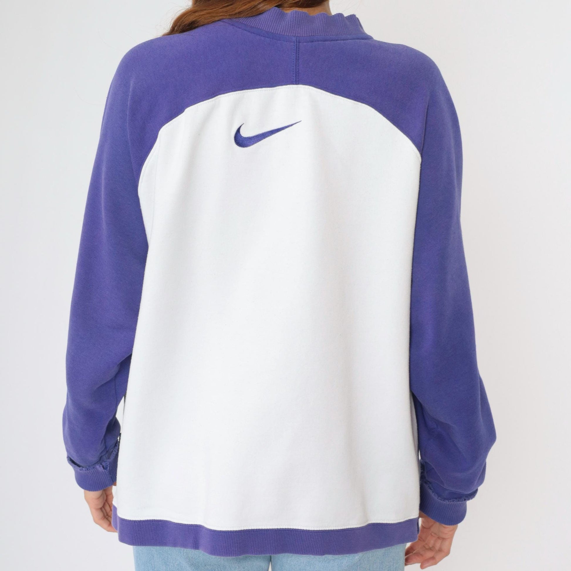 90s Nike V-Neck Sweatshirt Purple White Colour Block Raglan Large