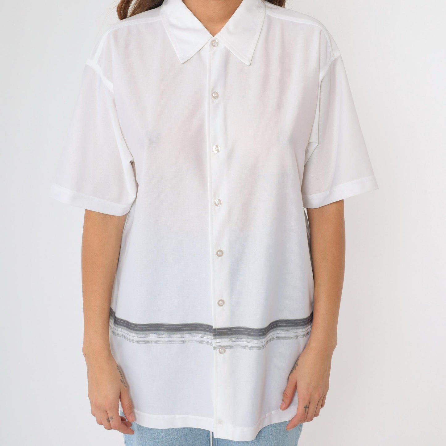 00s Striped Button-Up Shirt White Grey Y2K Short Sleeve Large L