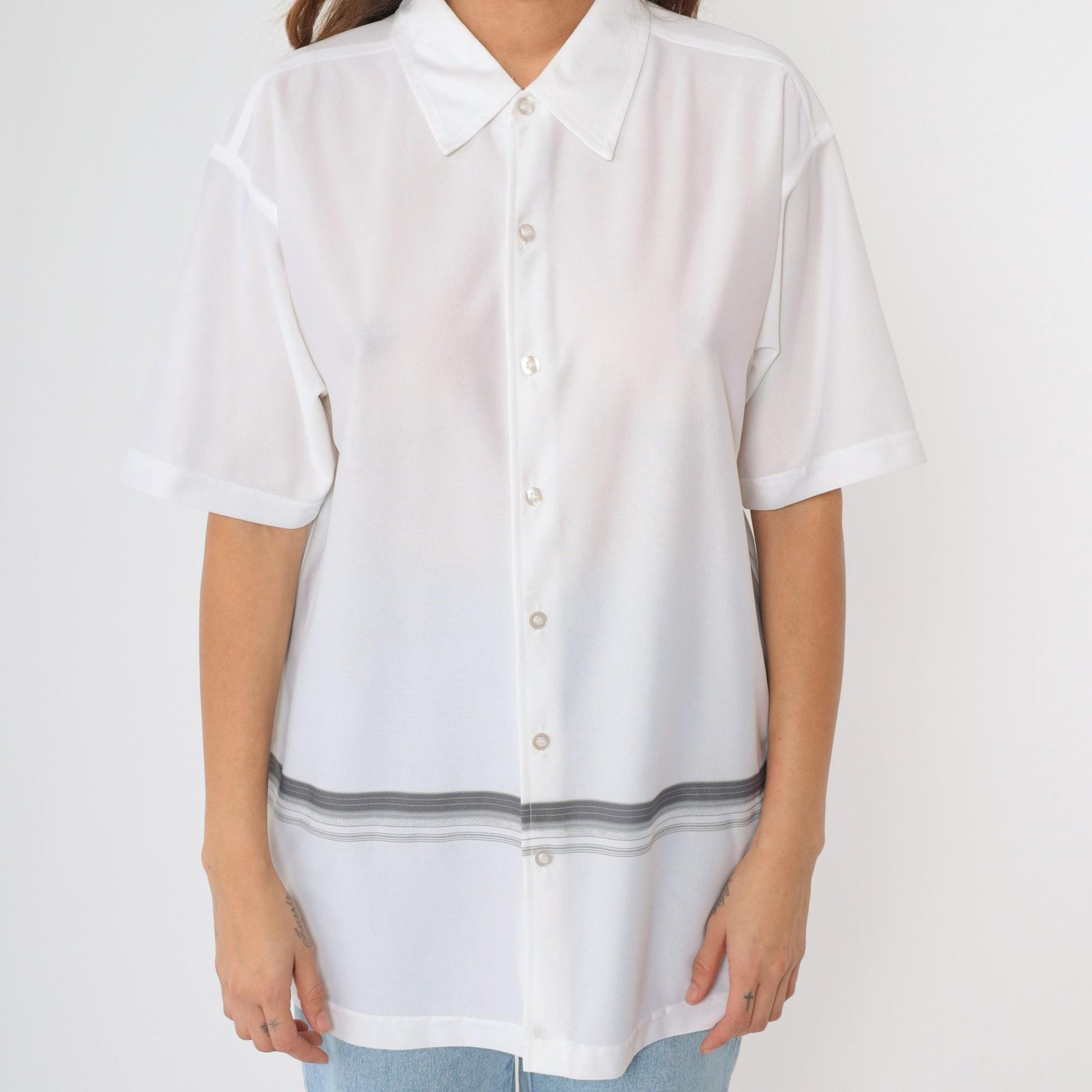 00s Striped Button-Up Shirt White Grey Y2K Short Sleeve Large L