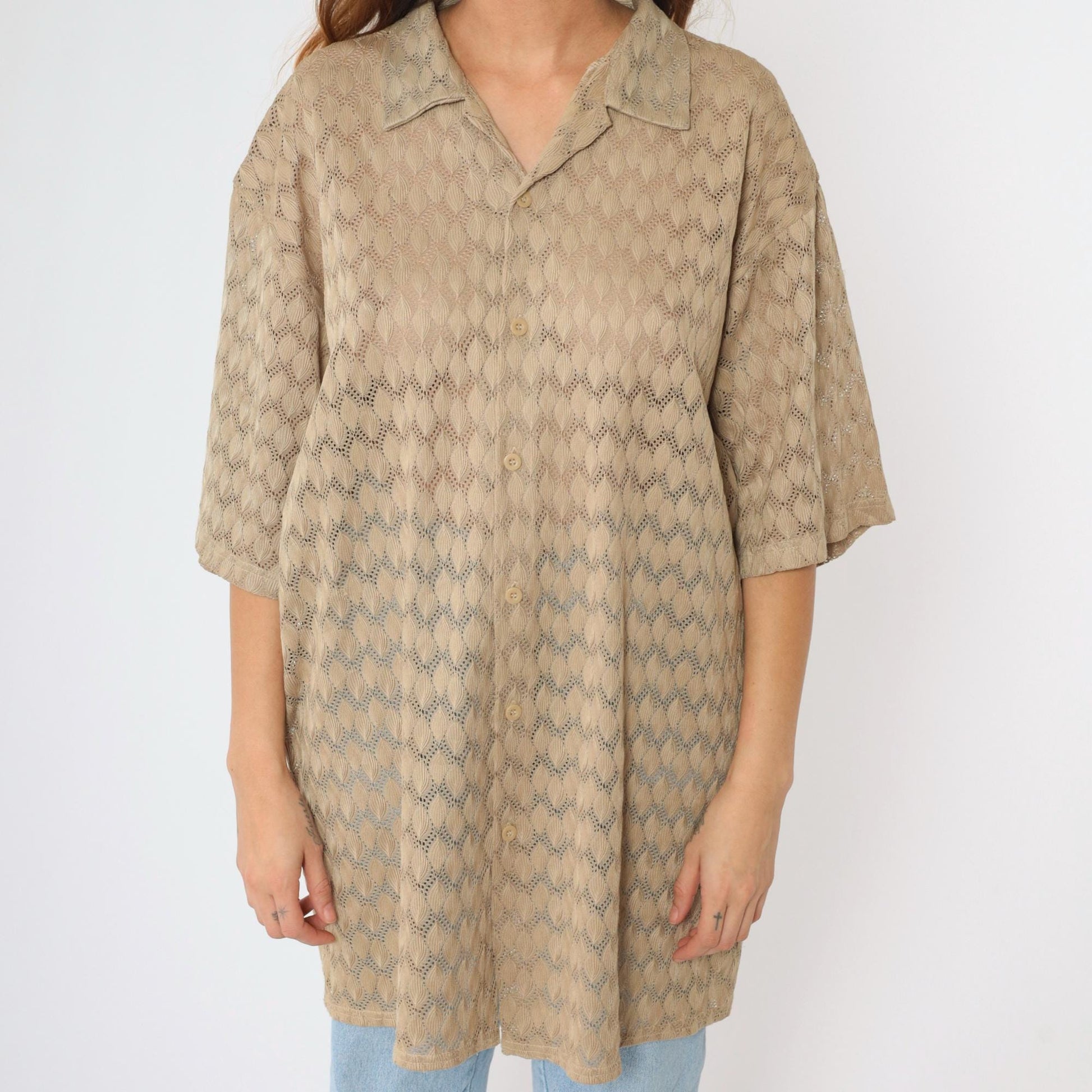 Y2K Sheer Lace Knit Button-Up Shirt Beige Men's Extra Large XL