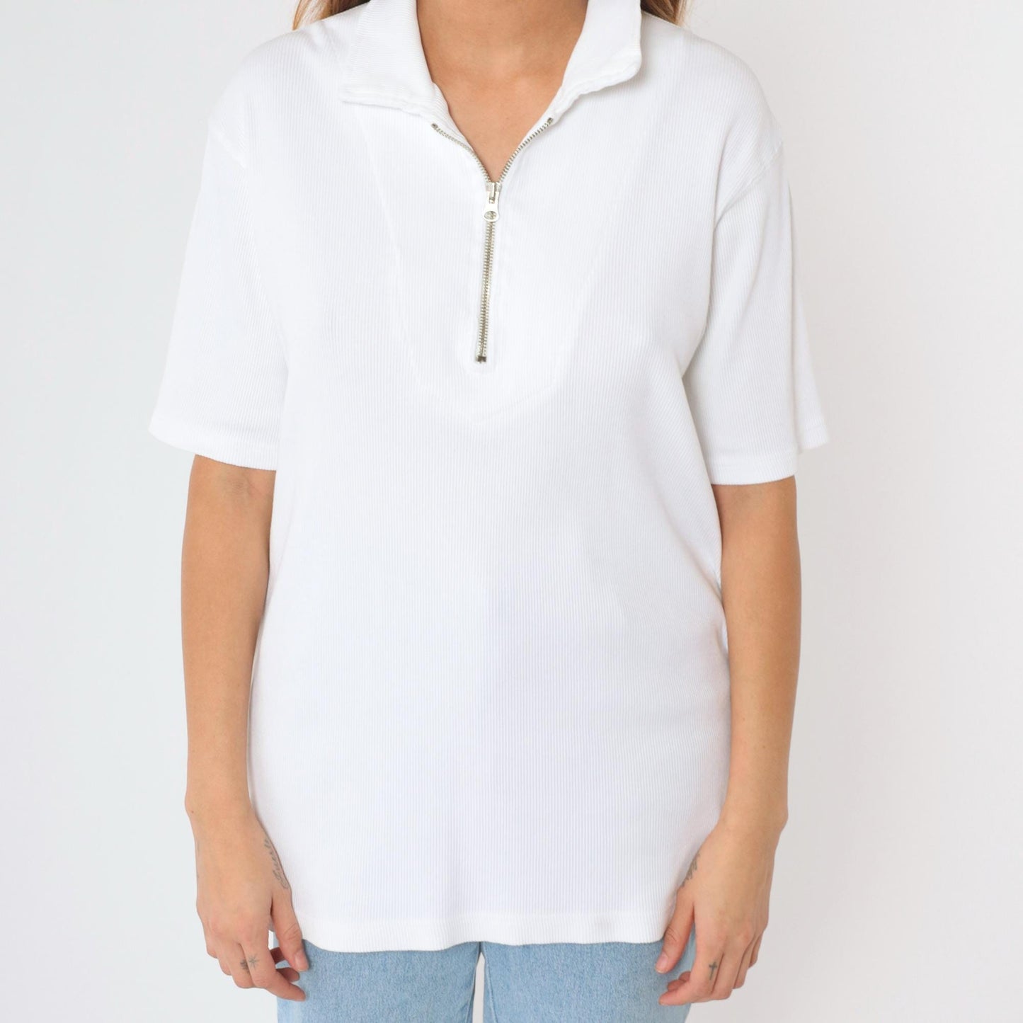 Y2K Ralph Lauren Polo Jeans Quarter-Zip Ribbed Shirt White Cotton Large L