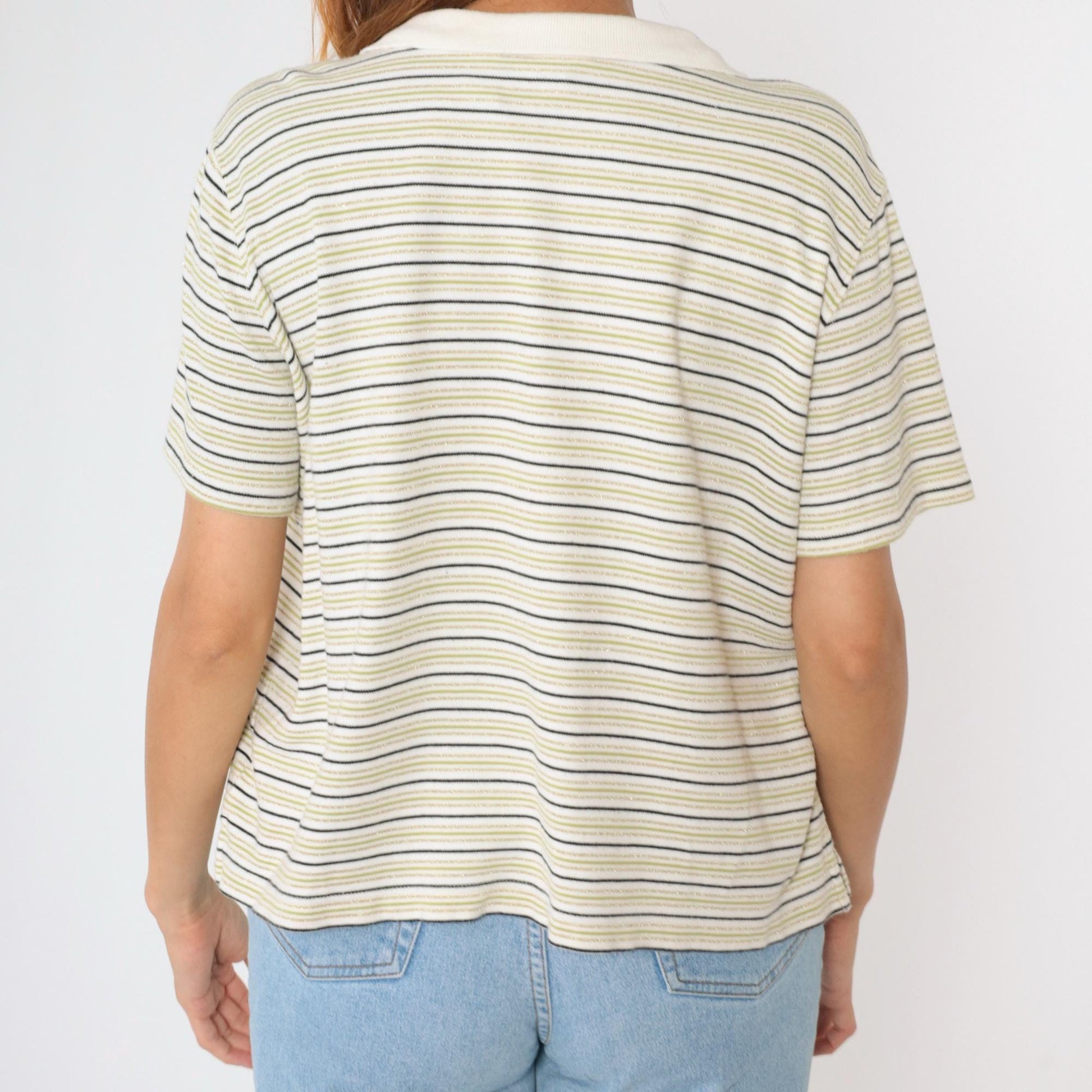 Y2K Metallic Striped Johnny Collar Shirt White Gold Green Plus Size XXL