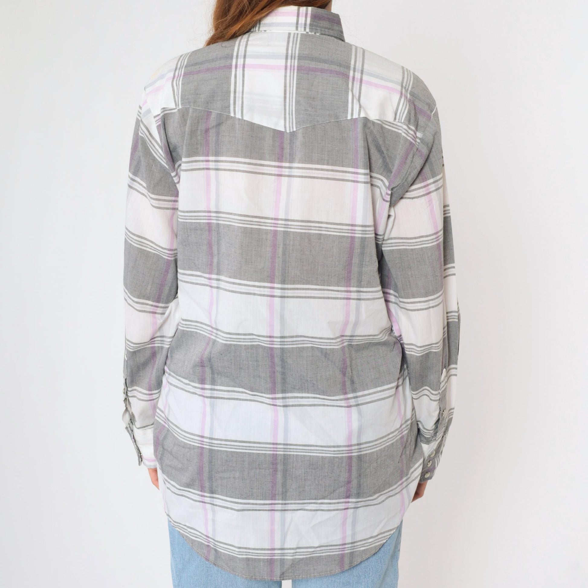 80s Gold Collection by Karman Western Shirt Pearl Snap Plaid Grey Large