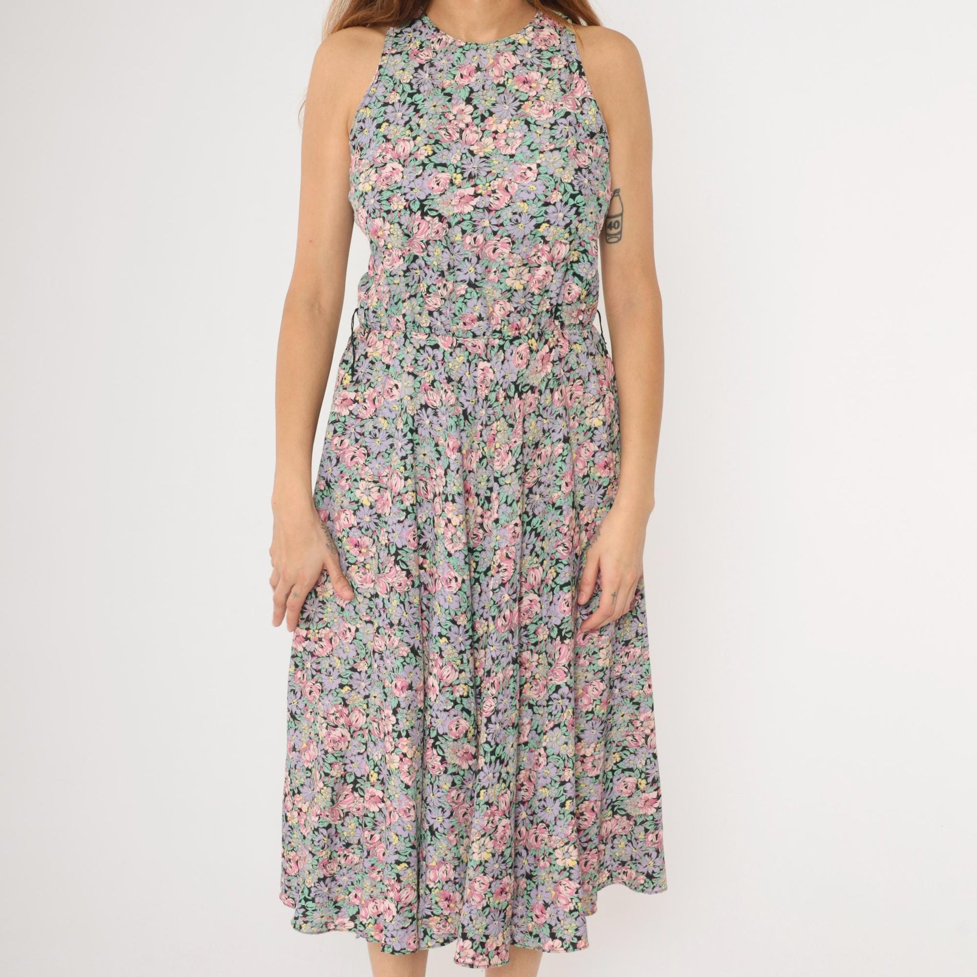 90s Ed Michaels Floral Midi Dress Pink Purple Sleeveless Small