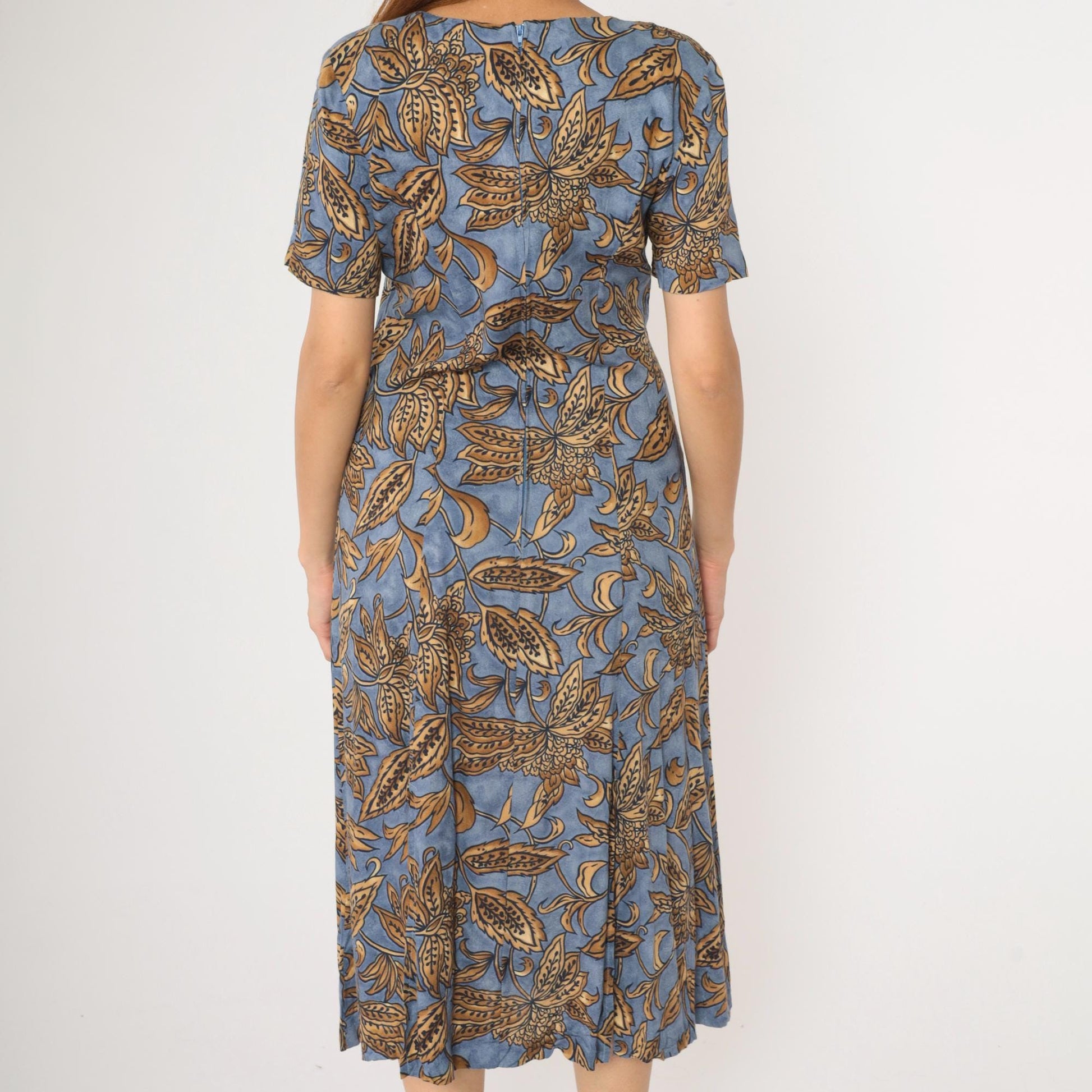 90s Caroline Wells Collection Floral Midi Dress Blue Gold A-Line Medium M