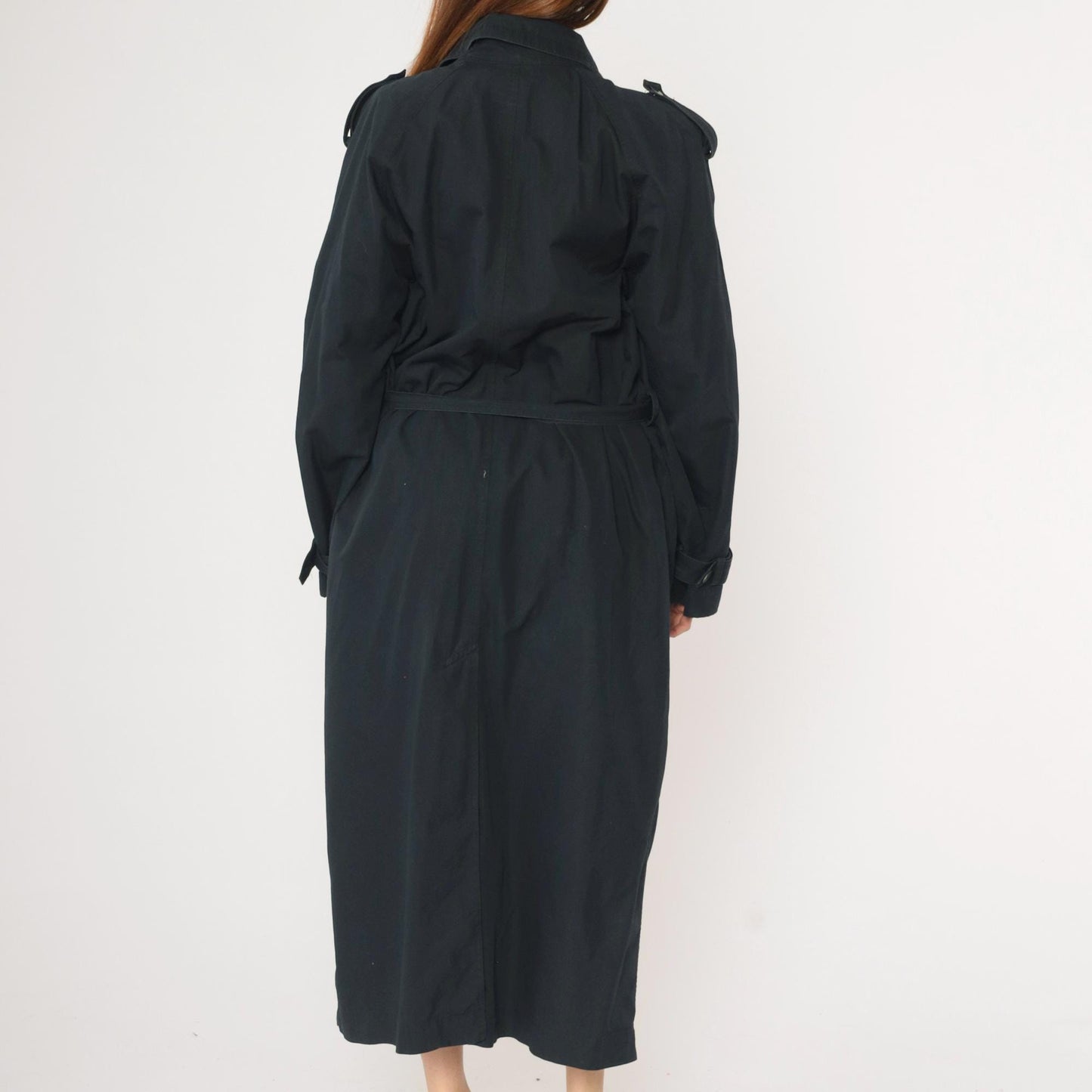 90s Liz Claiborne Black Trench Coat Double Breasted Belted Maxi Large L