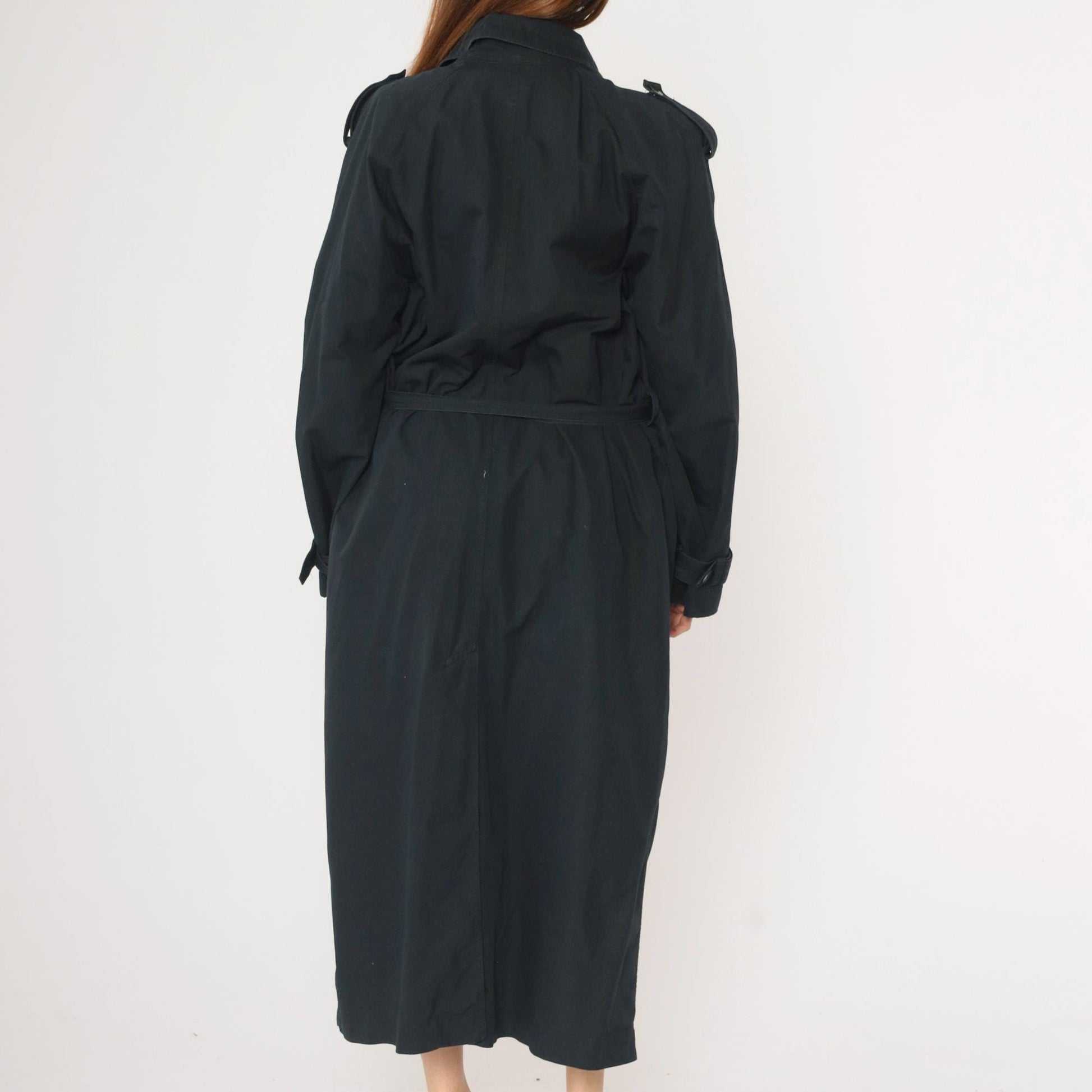 90s Liz Claiborne Black Trench Coat Double Breasted Belted Maxi Large L