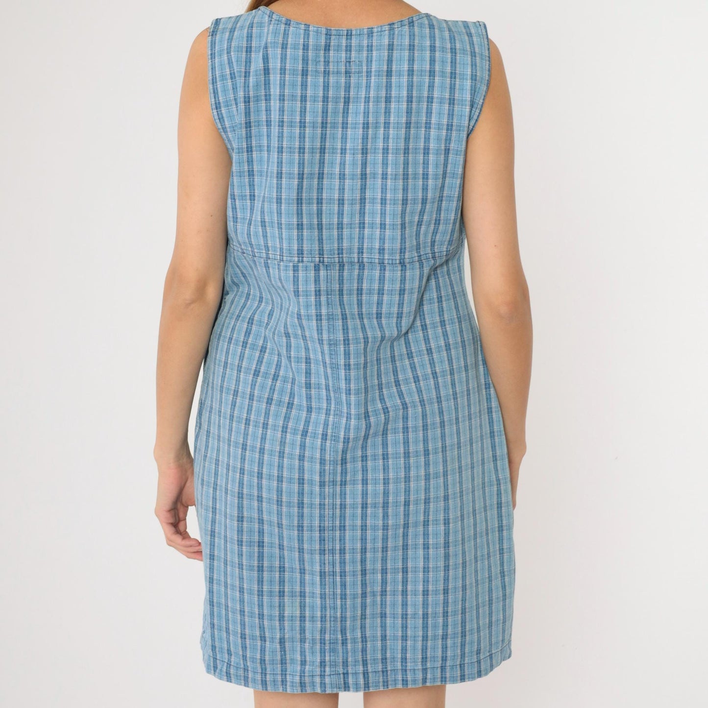90s Cherokee Blue Plaid Mini Jumper Dress Sleeveless Shift Medium M