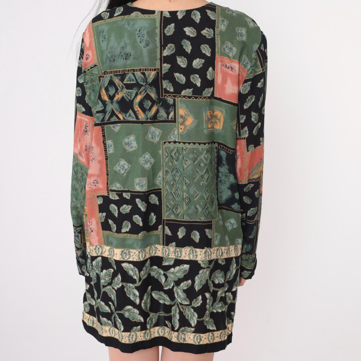 90s Patchwork Mini Dress Button-Up Long Sleeve Green Black Coral Medium M