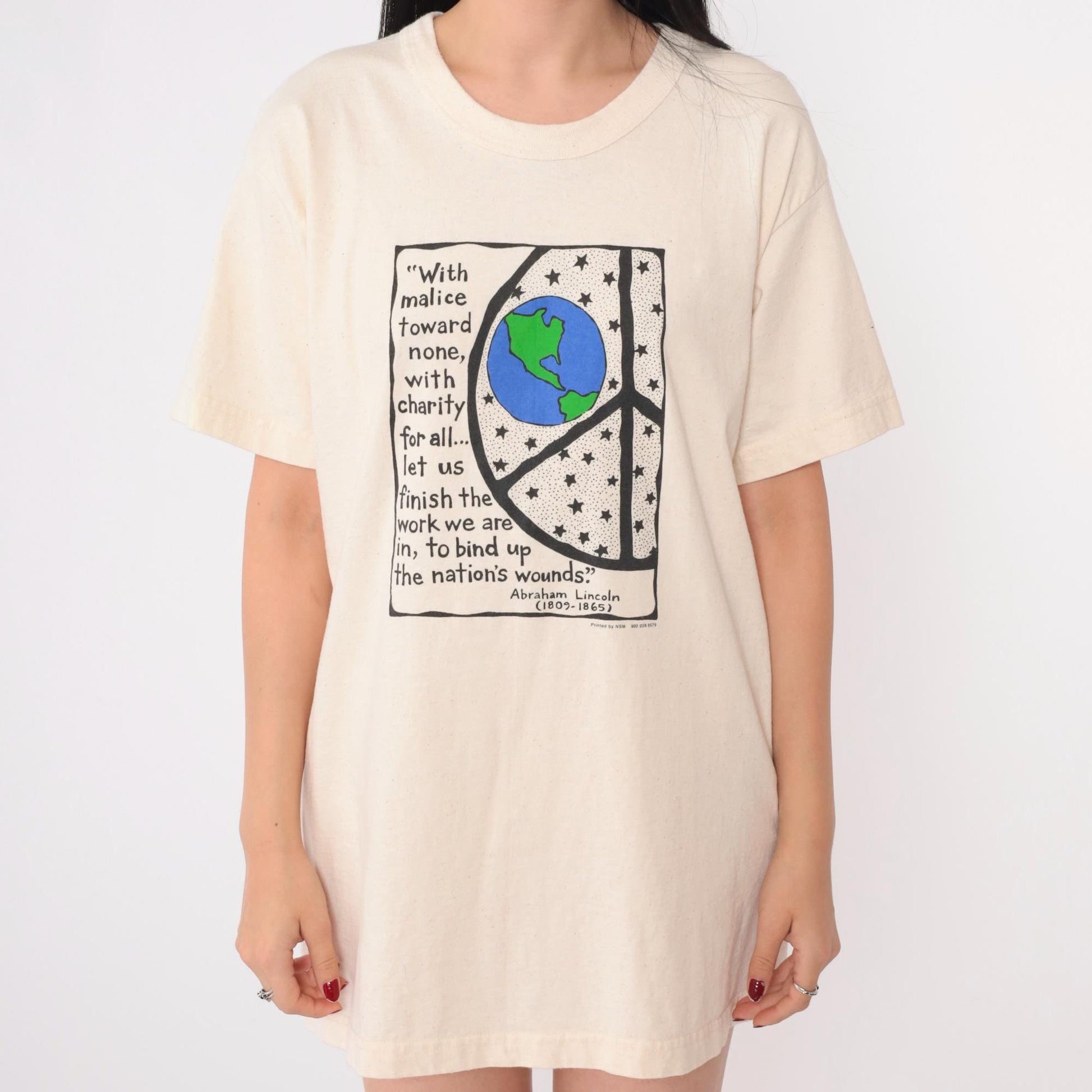 00s Abraham Lincoln Peace Quote Organic Cotton T-Shirt Cream Graphic Large