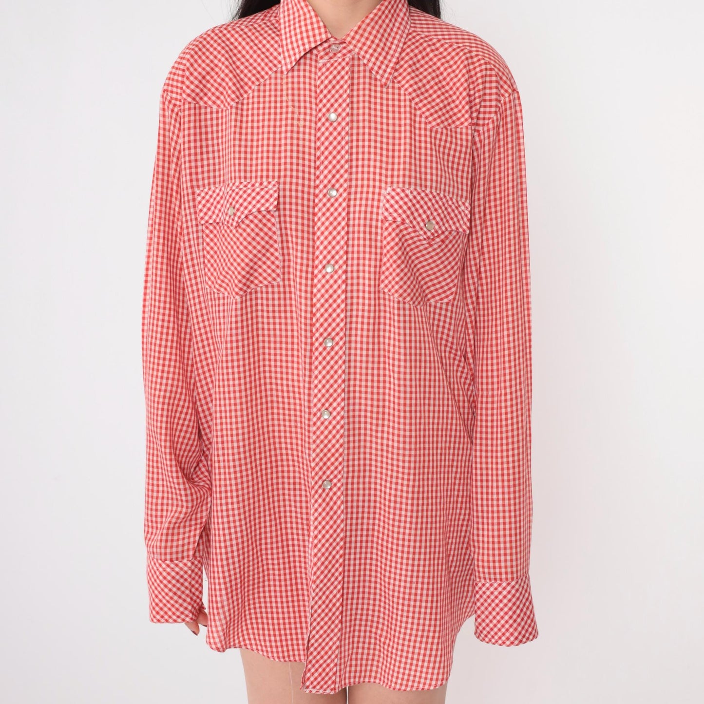 70s Sheplers Western Shirt Red White Gingham Pearl Snap Plaid Large L
