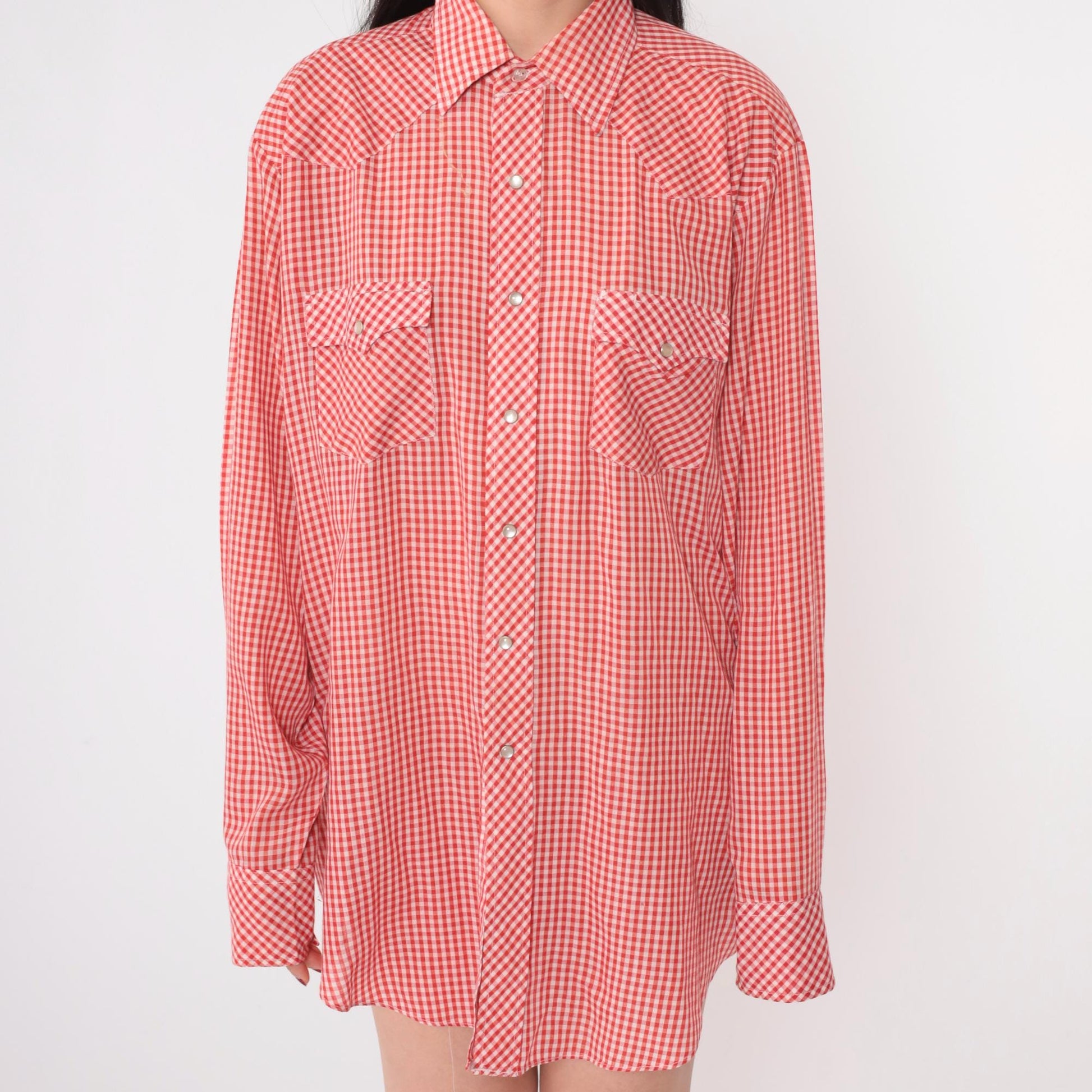 70s Sheplers Western Shirt Red White Gingham Pearl Snap Plaid Large L