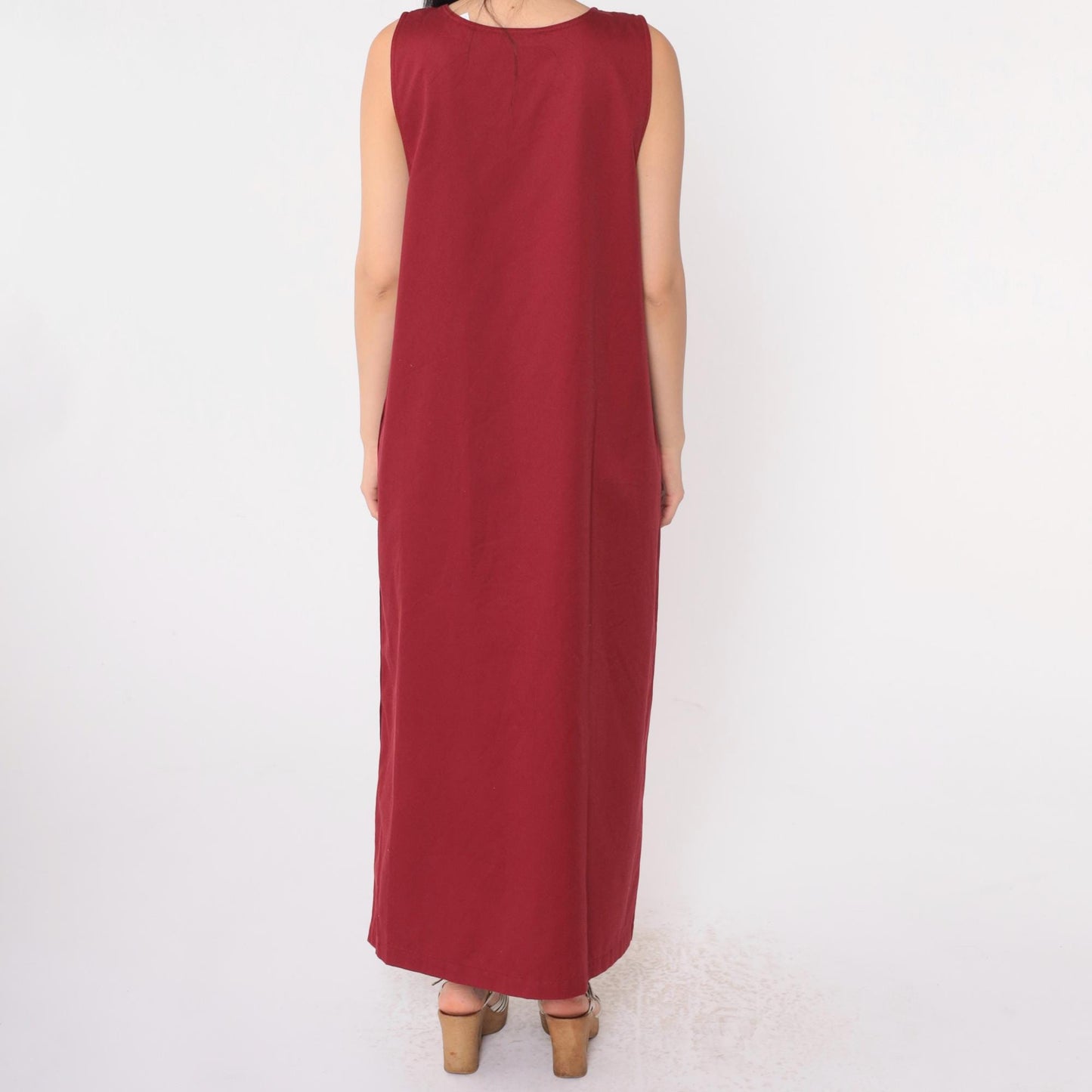 Y2K Burgundy Maxi Jumper Dress Sleeveless Button Side Pockets Medium M