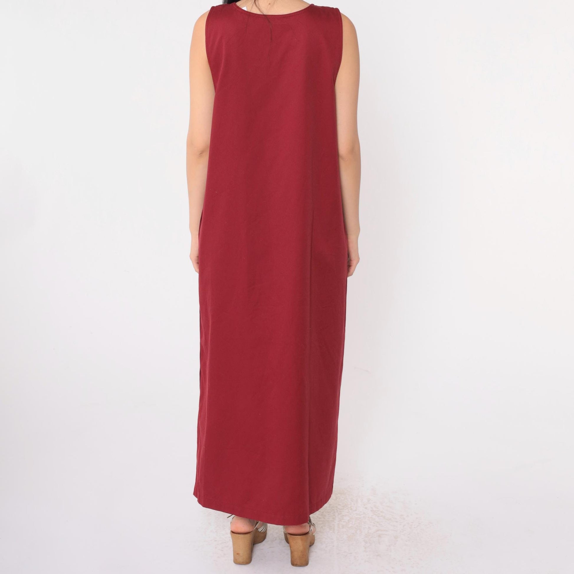 Y2K Burgundy Maxi Jumper Dress Sleeveless Button Side Pockets Medium M