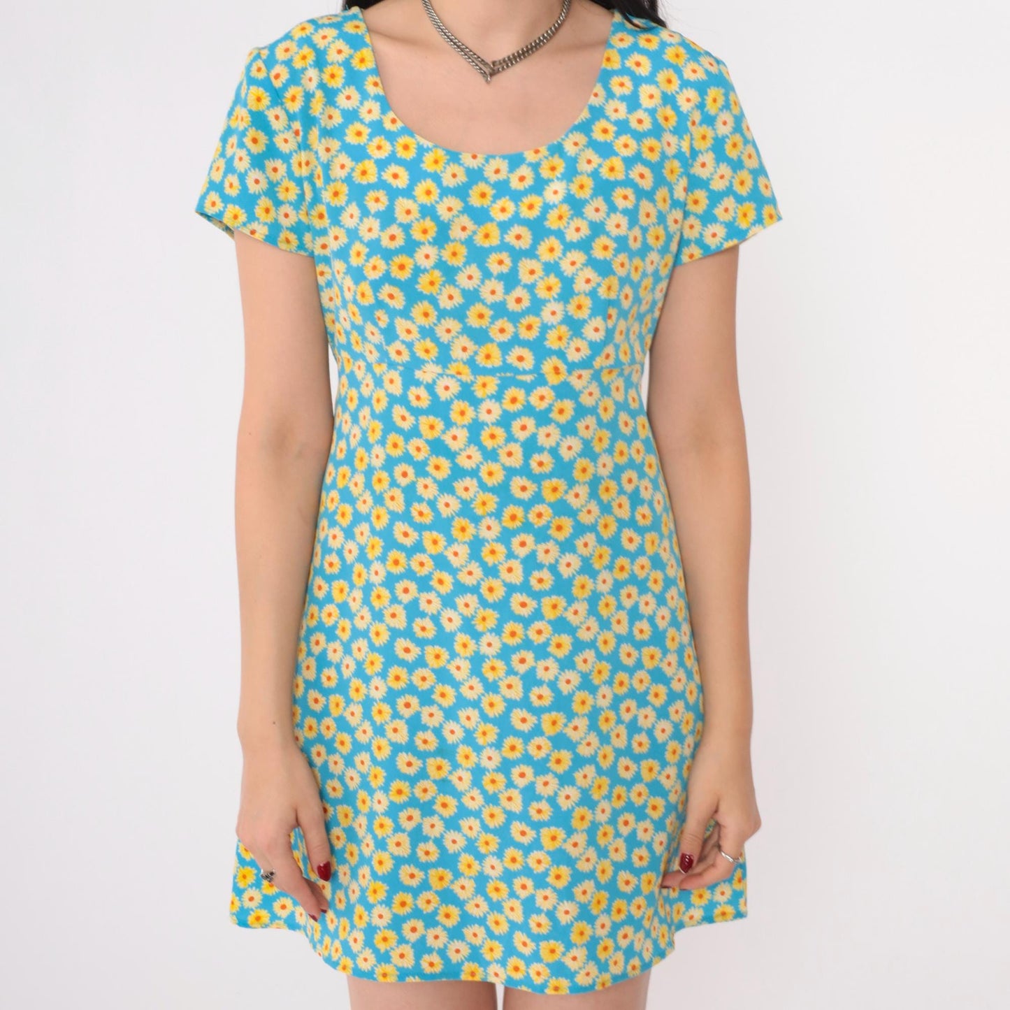 90s Byer Too! Floral Mini Dress Empire Waist Blue Yellow Small