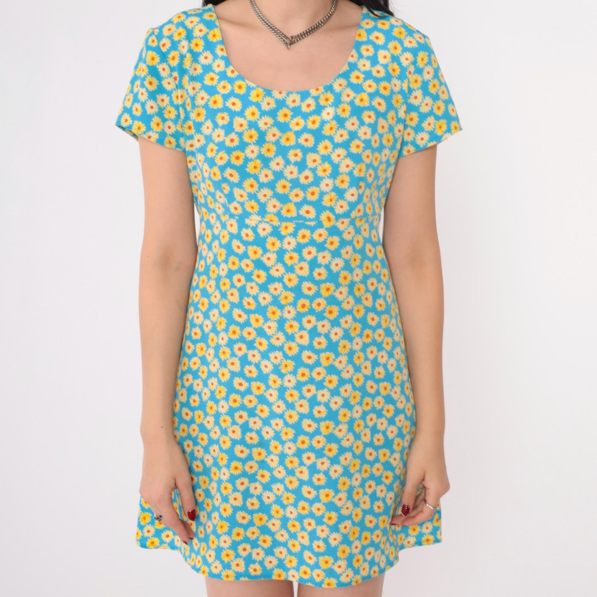 90s Byer Too! Floral Mini Dress Empire Waist Blue Yellow Small