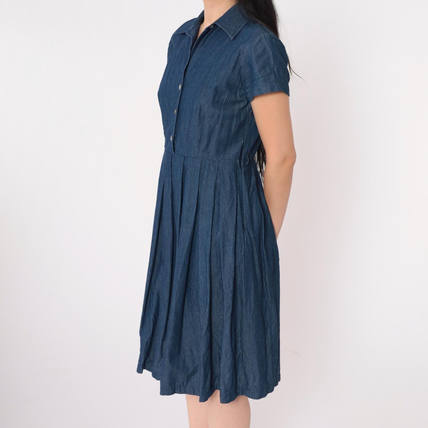 90s Talbots Petite Denim Shirtdress Knee-Length Pleated Dark Blue Cotton Size 2