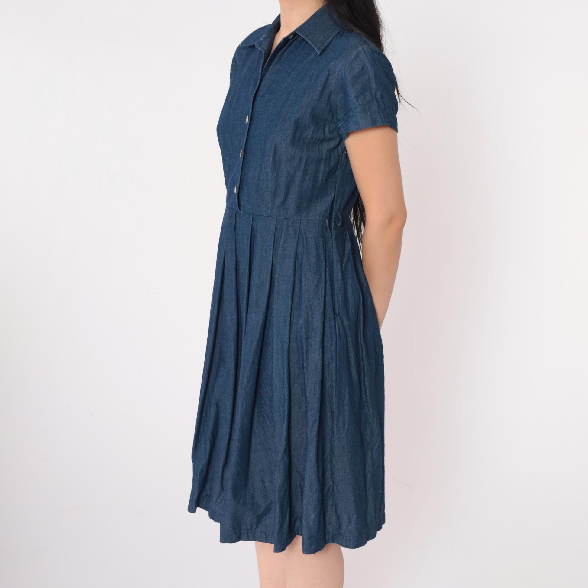 90s Talbots Petite Denim Shirtdress Knee-Length Pleated Dark Blue Cotton Size 2