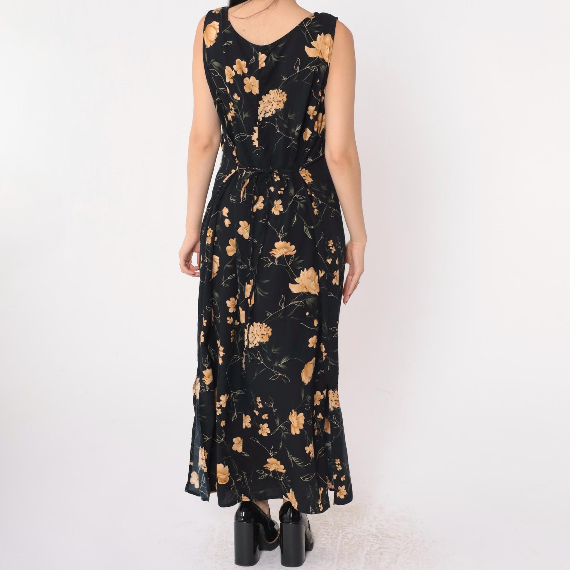 90s Black Floral Maxi Sundress Y2K Gold Print Sleeveless Scoop Neck Side Slit 16W