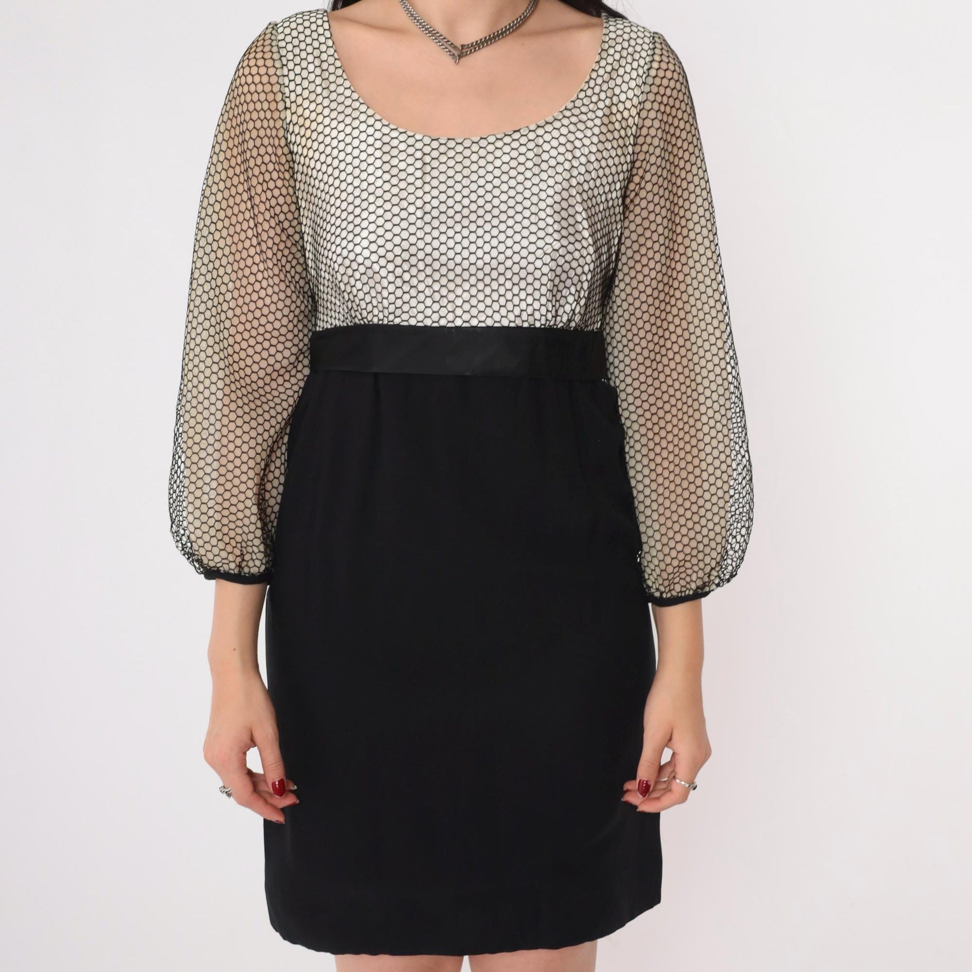 60s Black White Honeycomb Mesh Party Dress High Waist Bow Mini Small