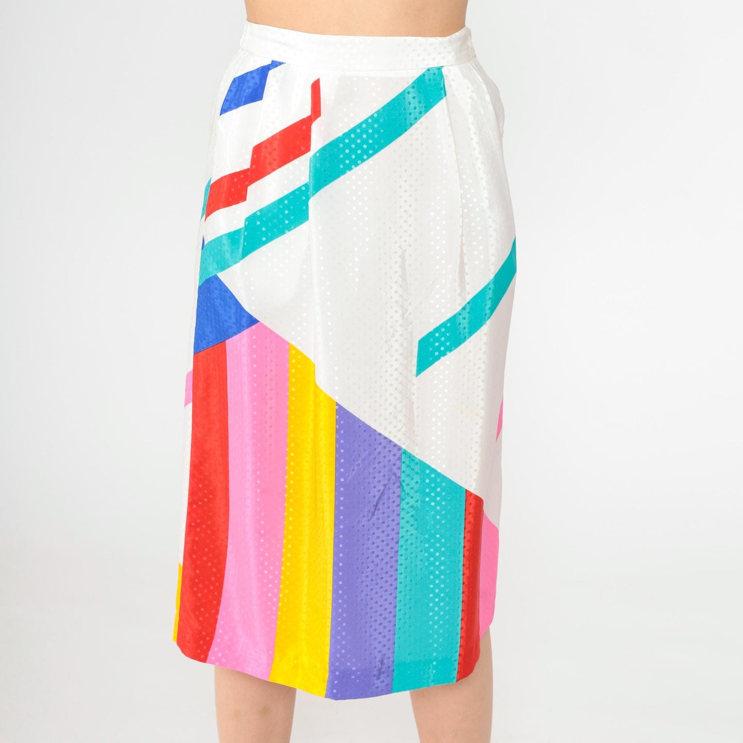 80s Rainbow Striped Midi Skirt High Waist Polka Dot White Small 4